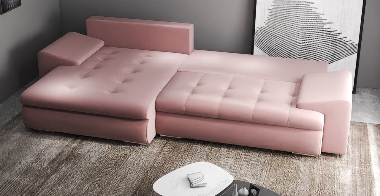 Colțar extensibil dumonde cu ladă de depozitare si sezut confortabil din spuma HR, Leonardo Royal Roz 260x185 cm Fabrica