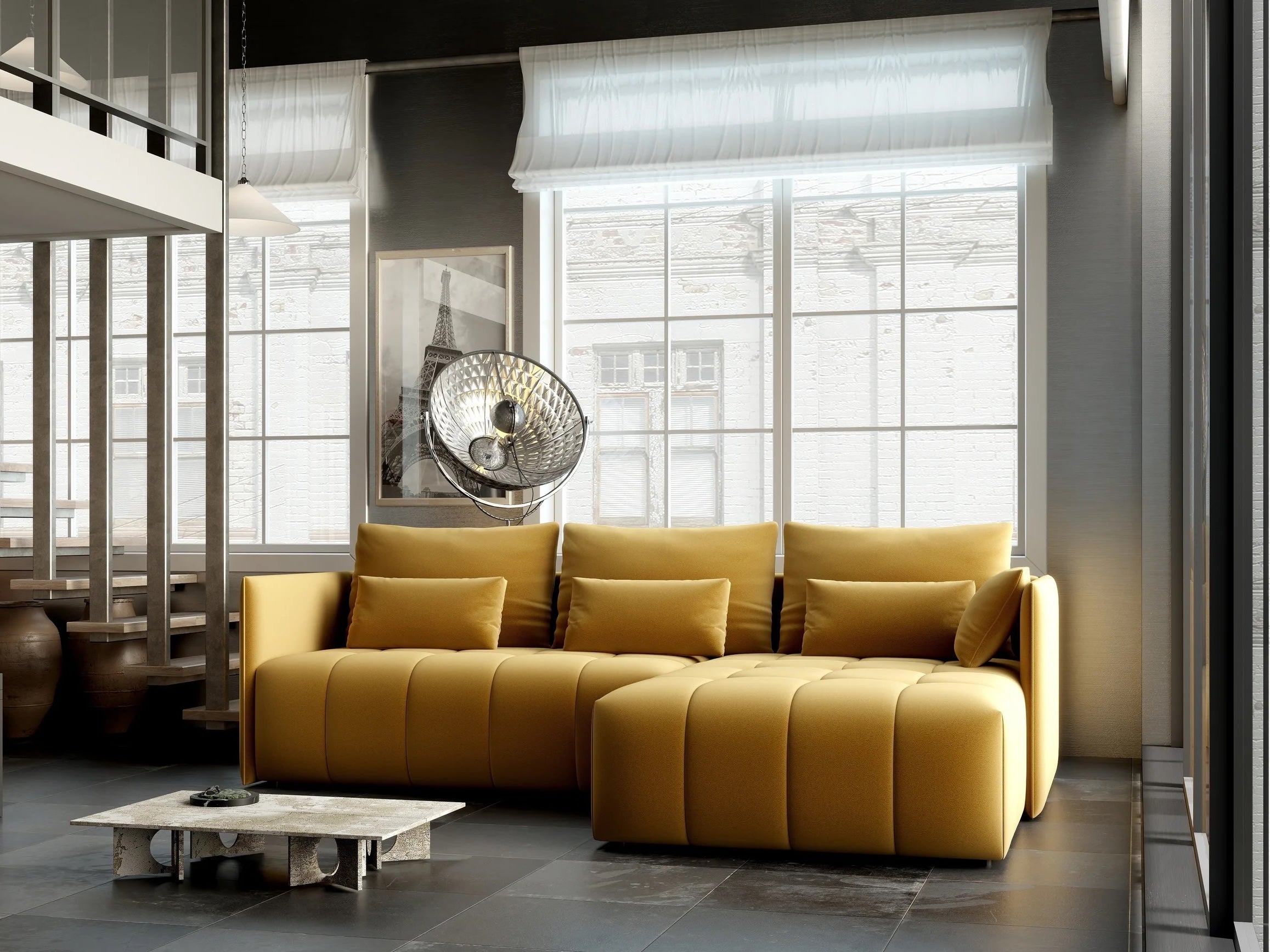 Colțar extensibil dumonde cu ladă de depozitare si sezut confortabil din spuma HR, Malta Royal Muștar II 235x185 cm Fabrica