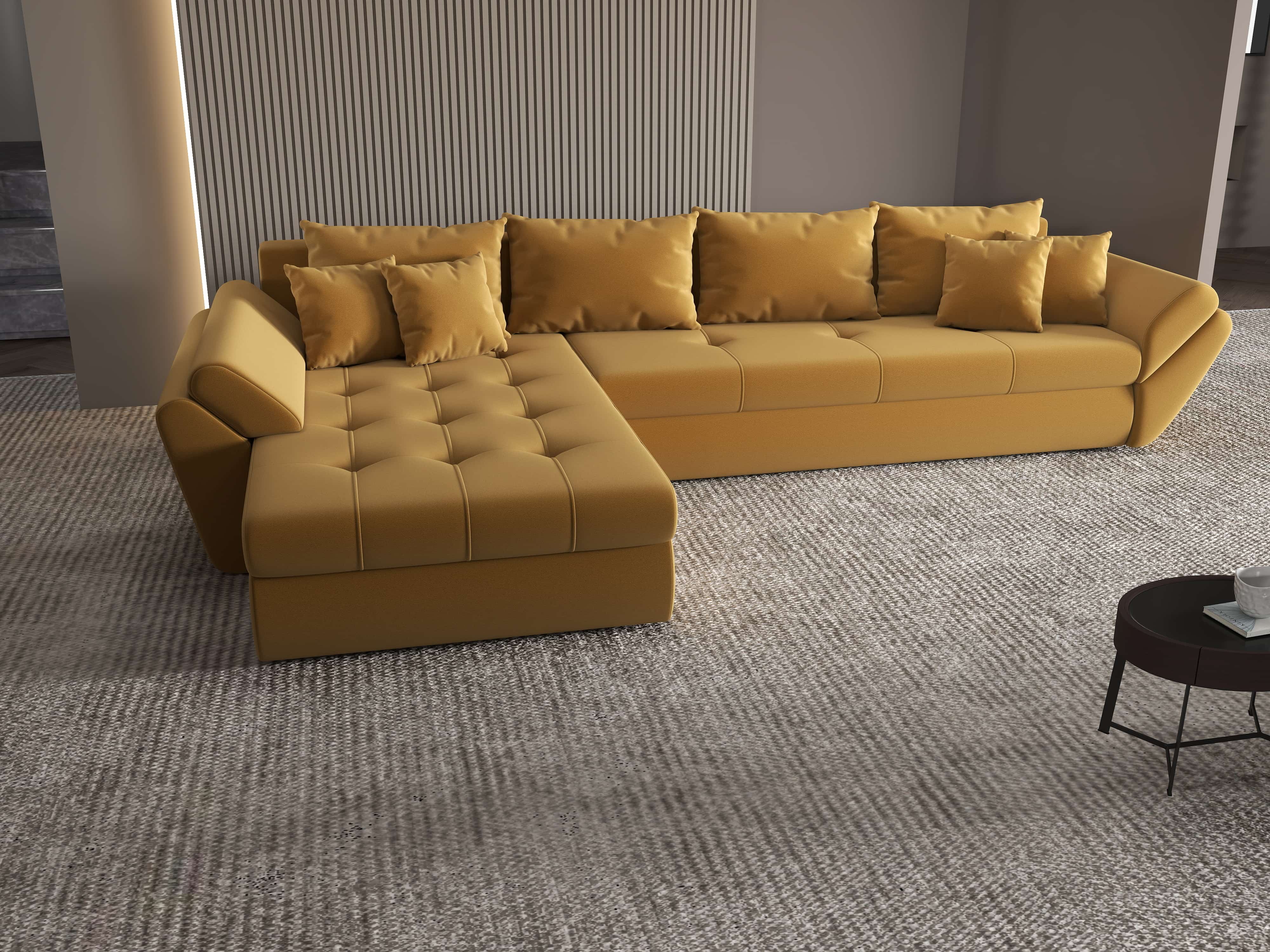 Colțar extensibil dumonde cu ladă de depozitare si sezut confortabil din spuma HR, Loana XL Royal Mustar 335x185 cm Fabrica