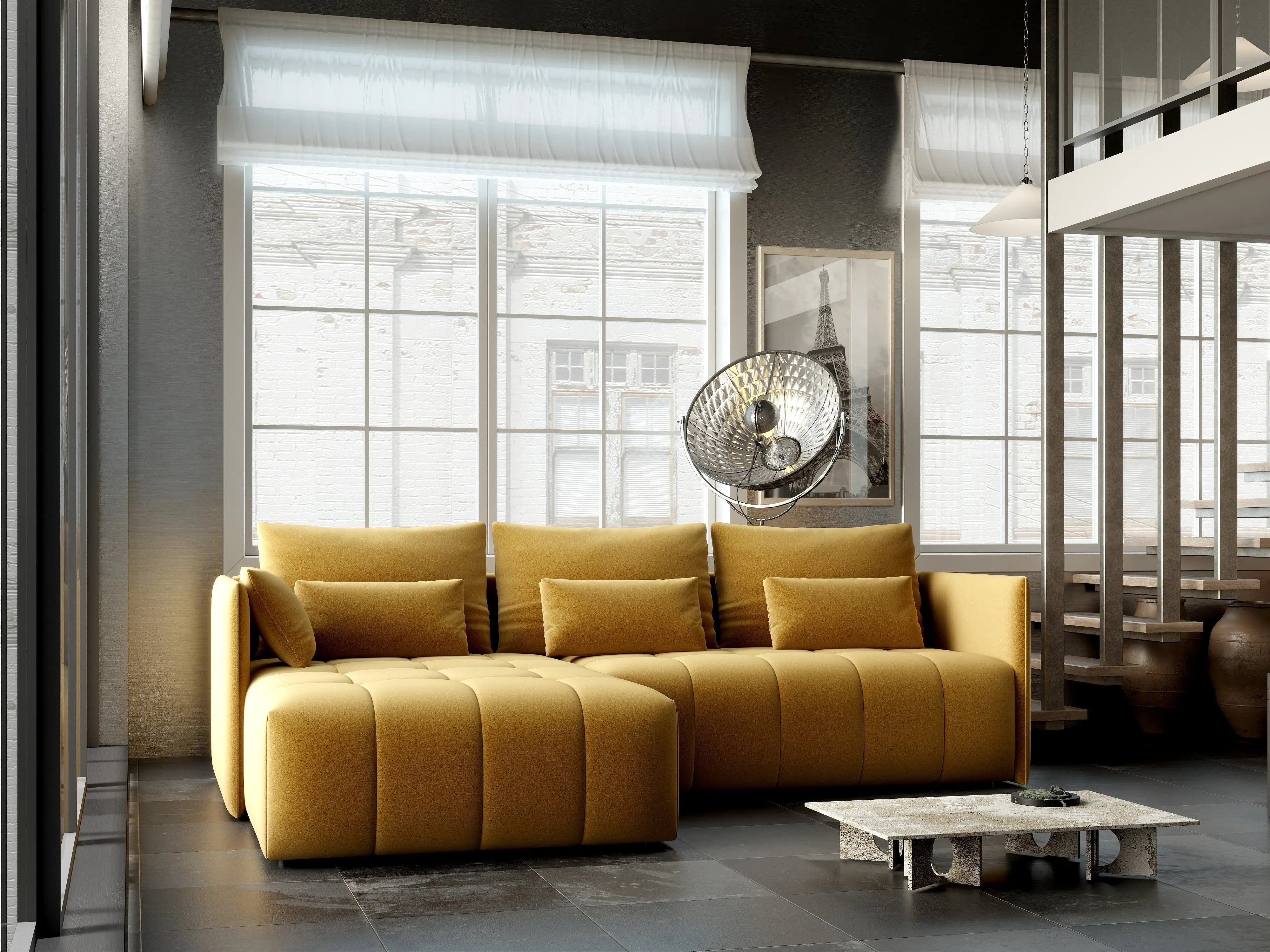 Colțar extensibil dumonde cu ladă de depozitare si sezut confortabil din spuma HR, Malta Royal Muștar 235x185 cm Fabrica