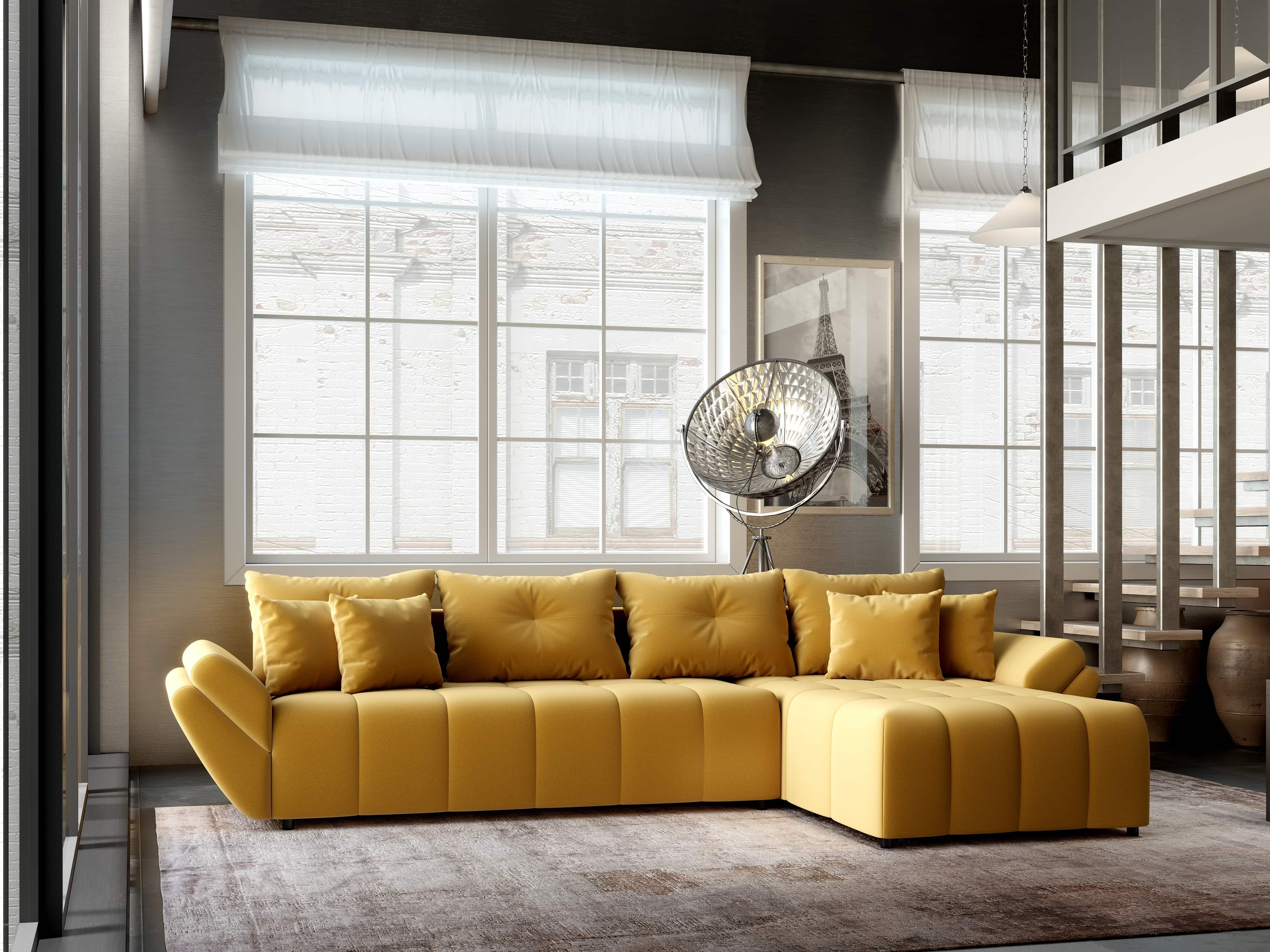 Colțar extensibil dumonde cu ladă de depozitare si sezut confortabil din spuma HR, Berlin XL Royal Mustar 350x185 cm II Fabrica