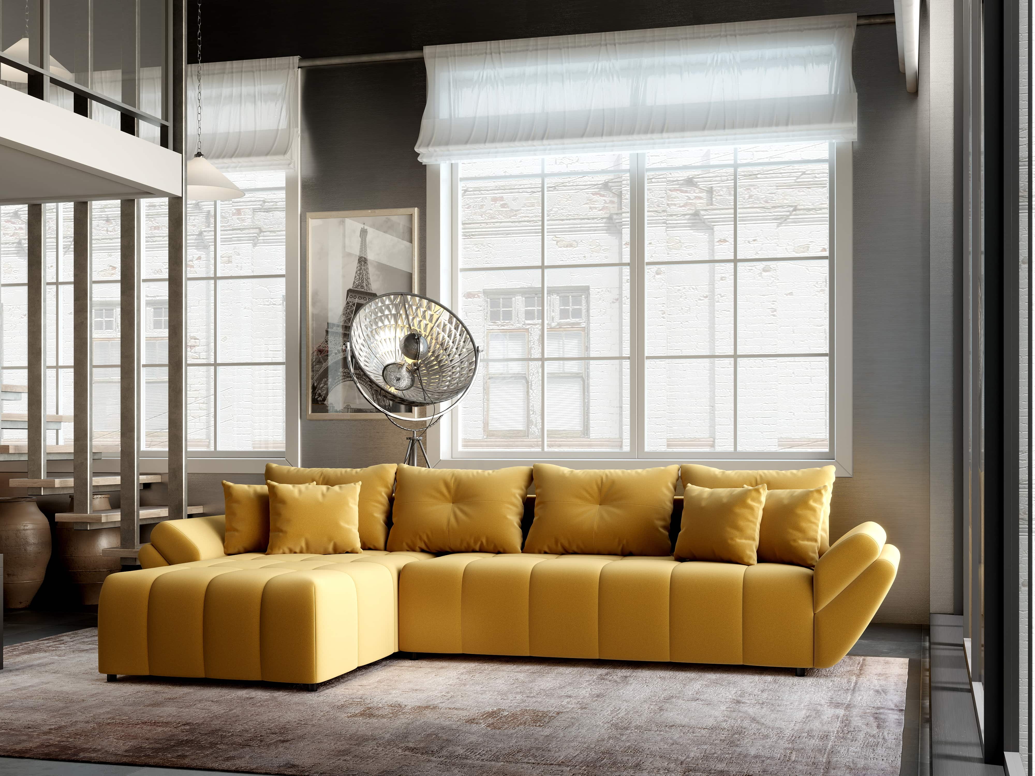 Colțar extensibil dumonde cu ladă de depozitare si sezut confortabil din spuma HR, Berlin XL Royal Mustar 350x185 cm Fabrica