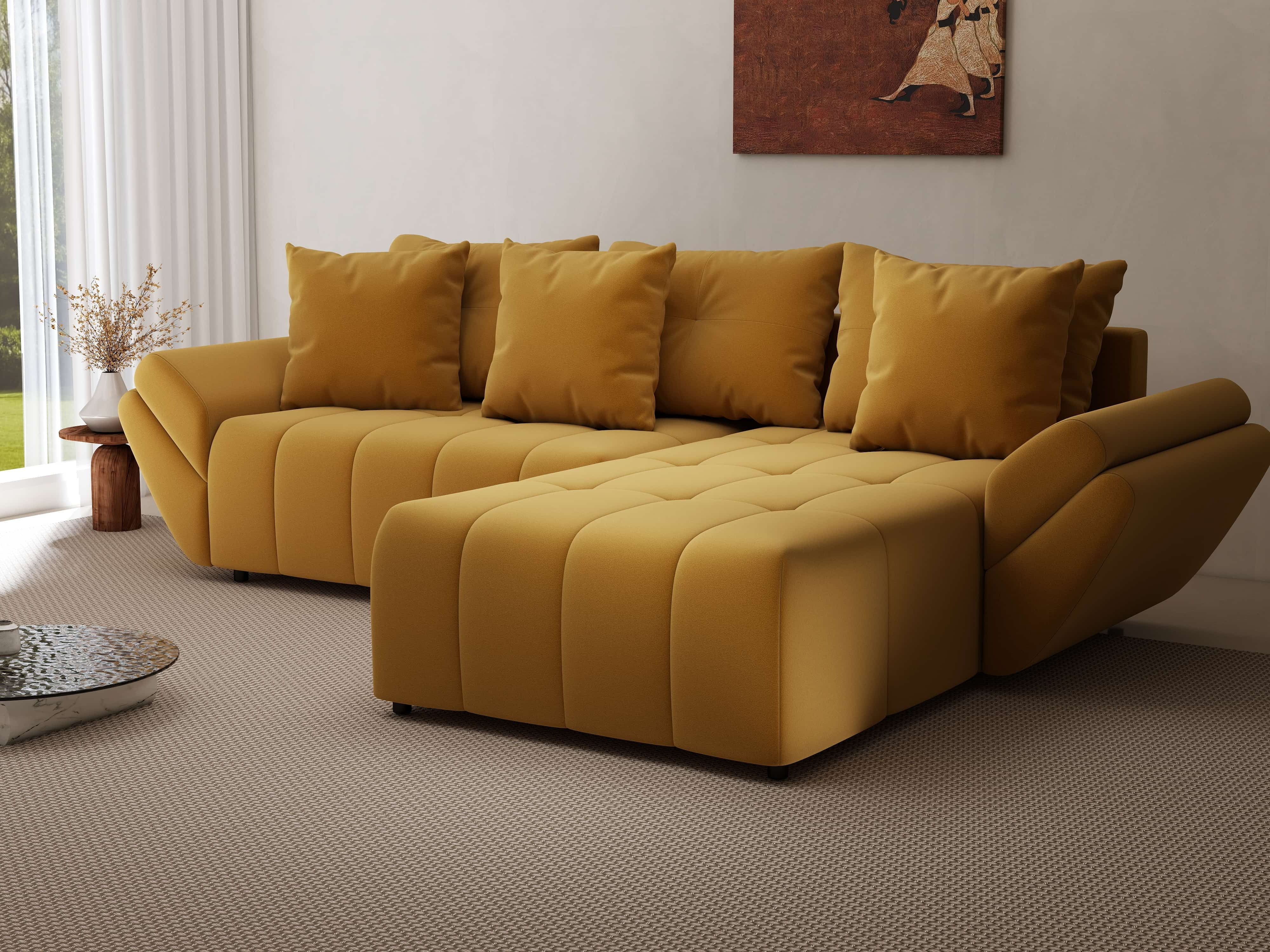 Colțar extensibil dumonde cu ladă de depozitare si sezut confortabil din spuma HR, Berlin Royal Mustar 280x185 cm II Fabrica