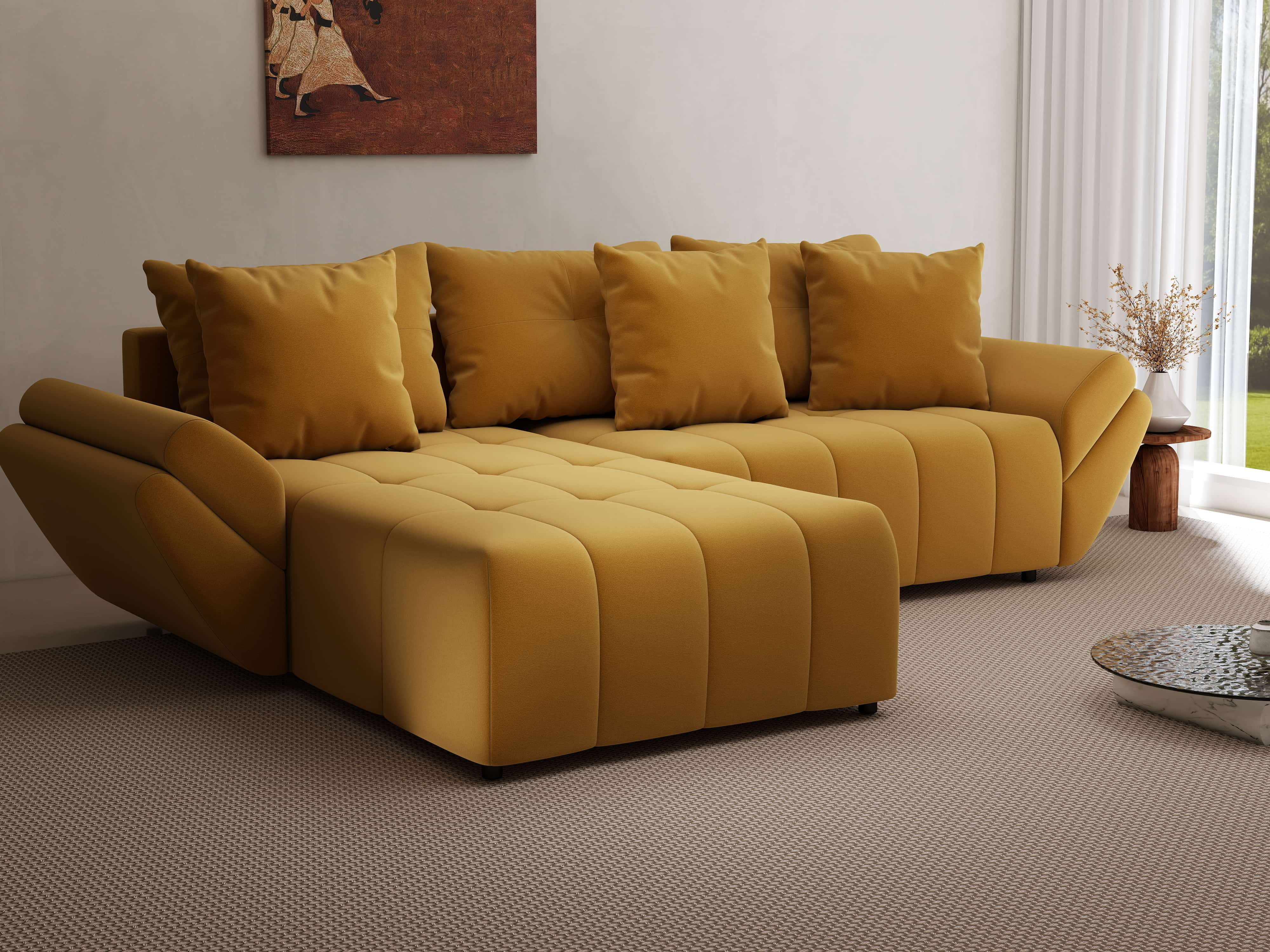 Colțar extensibil dumonde cu ladă de depozitare si sezut confortabil din spuma HR, Berlin Royal Mustar 280x185 cm Fabrica