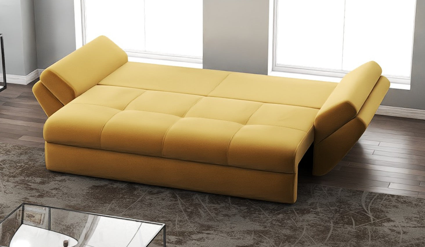 Canapea extensibilă dumonde cu ladă de depozitare si sezut confortabil din spuma HR, Loana Royal Mustar 250x100 cm Fabrica