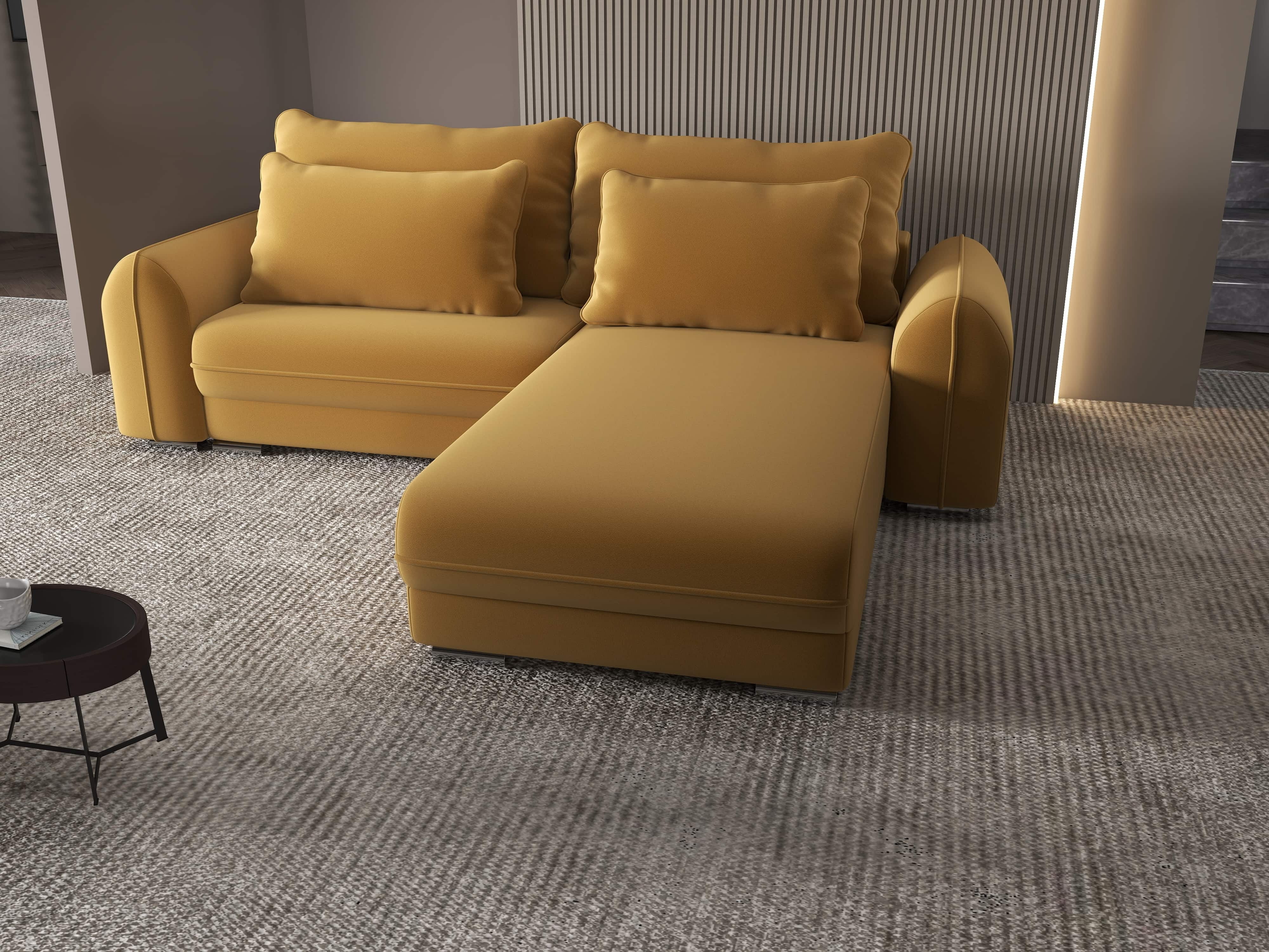 Colțar extensibil dumonde cu ladă de depozitare si sezut confortabil din spuma HR, Denver Royal Mustar 275x185 cm II Fabrica