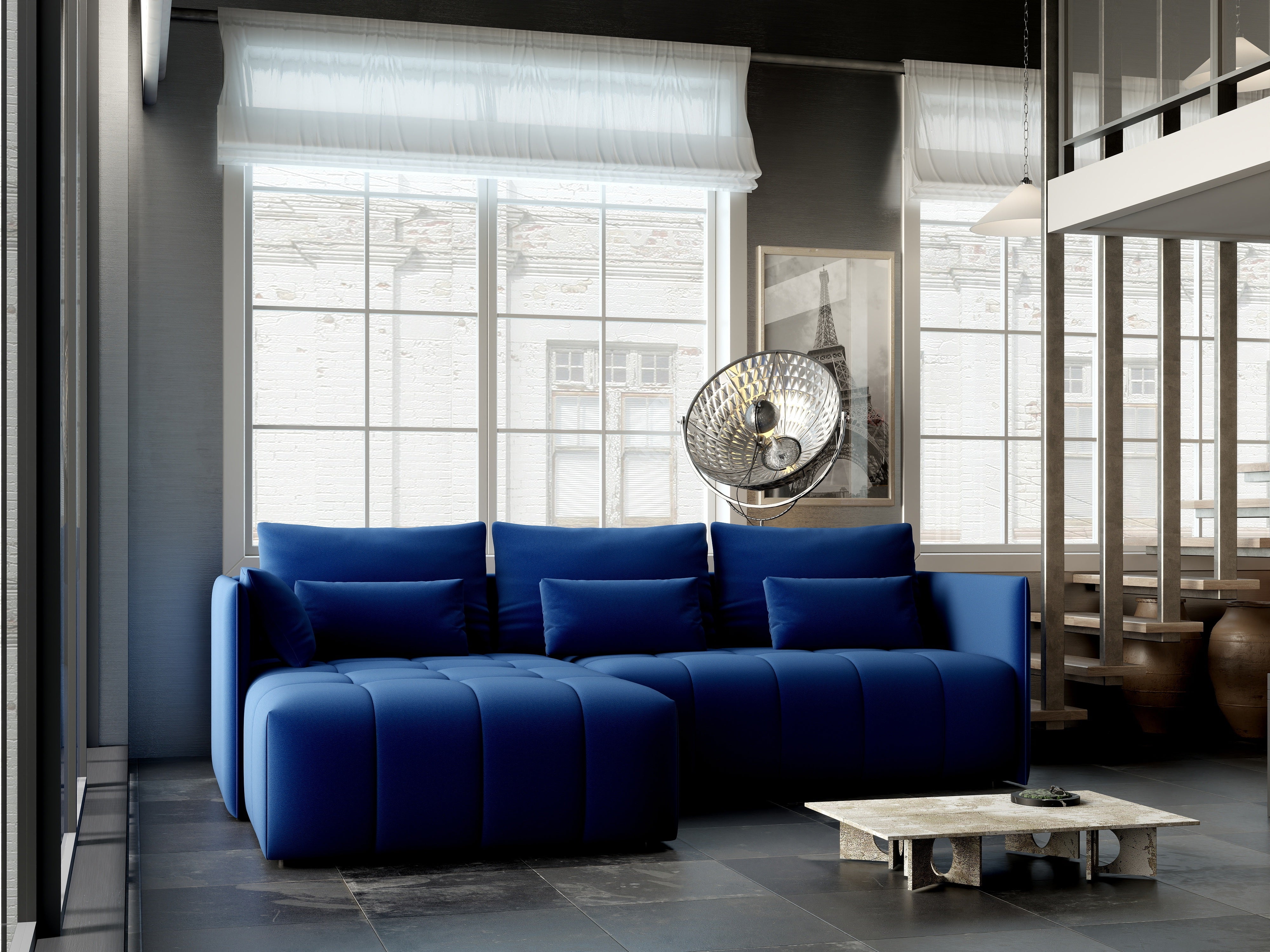 Colțar extensibil dumonde cu ladă de depozitare si sezut confortabil din spuma HR, Malta Royal Blue 235x185 cm Fabrica