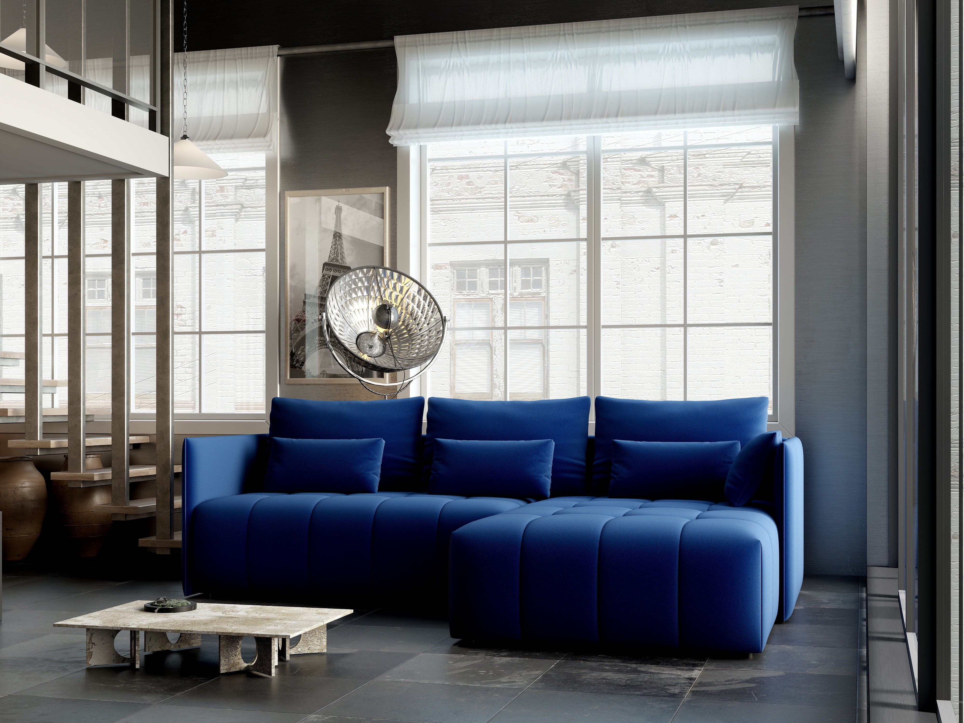 Colțar extensibil dumonde cu ladă de depozitare si sezut confortabil din spuma HR, Malta Royal Blue II 235x185 cm Fabrica