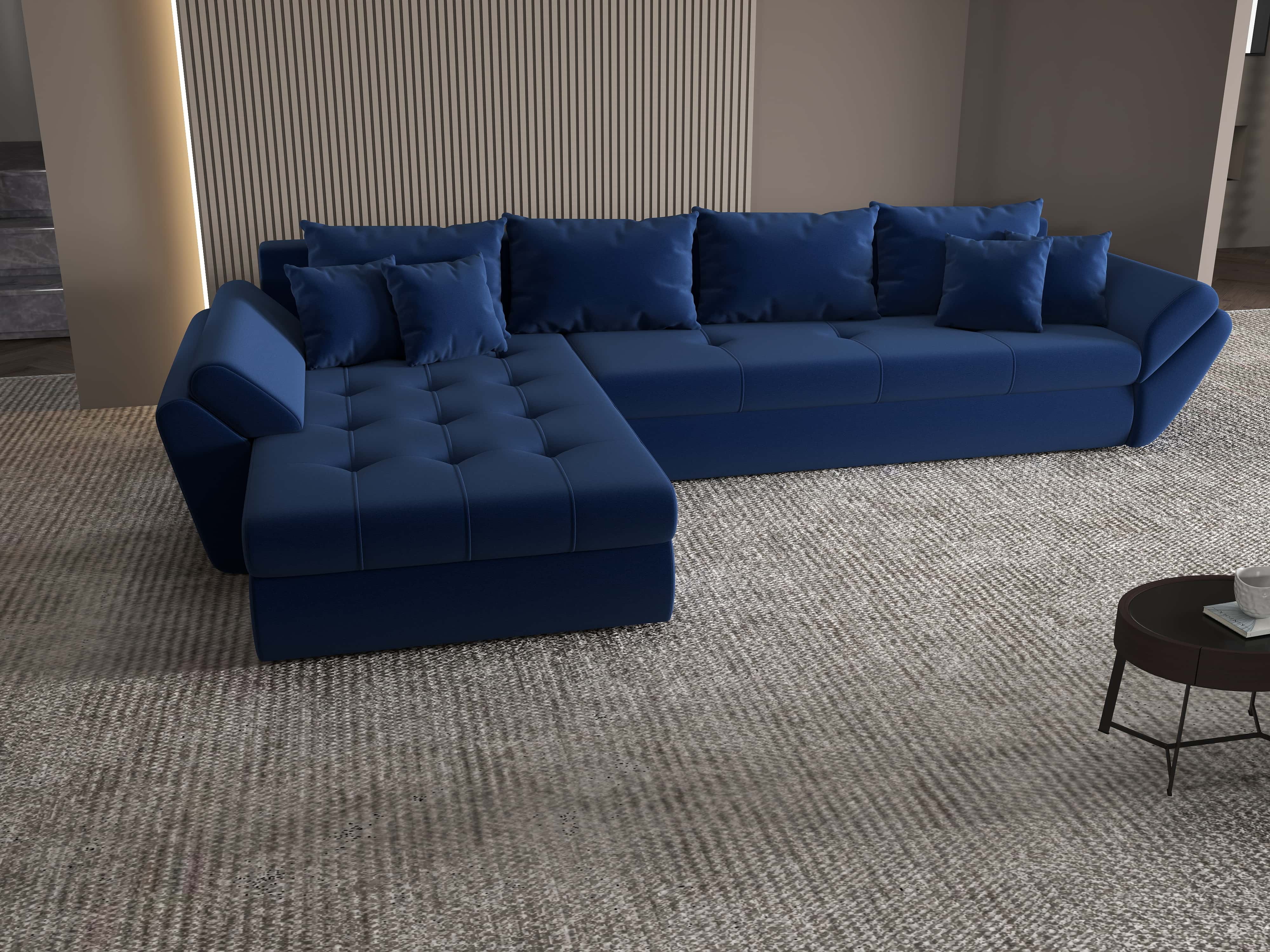 Colțar extensibil dumonde cu ladă de depozitare si sezut confortabil din spuma HR, Loana XL Royal Albastru 335x185 cm Fabrica