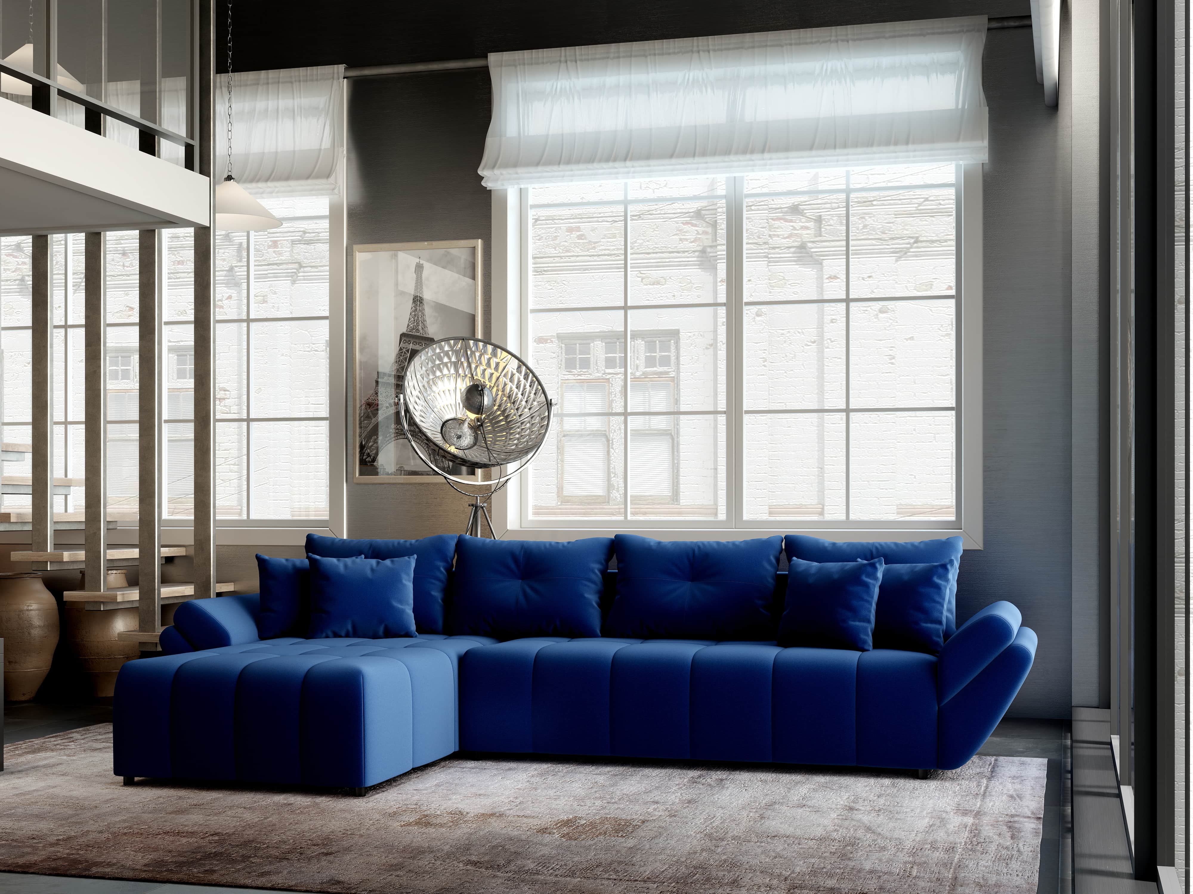 Colțar extensibil dumonde cu ladă de depozitare si sezut confortabil din spuma HR, Berlin XL Royal Albastru 350x185 cm Fabrica