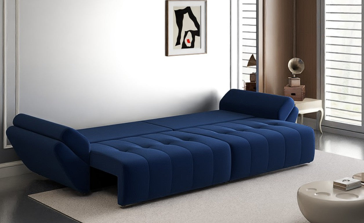 Canapea extensibilă dumonde cu ladă de depozitare si sezut confortabil din spuma HR, Berlin Royal Blue 300x100 cm Fabrica