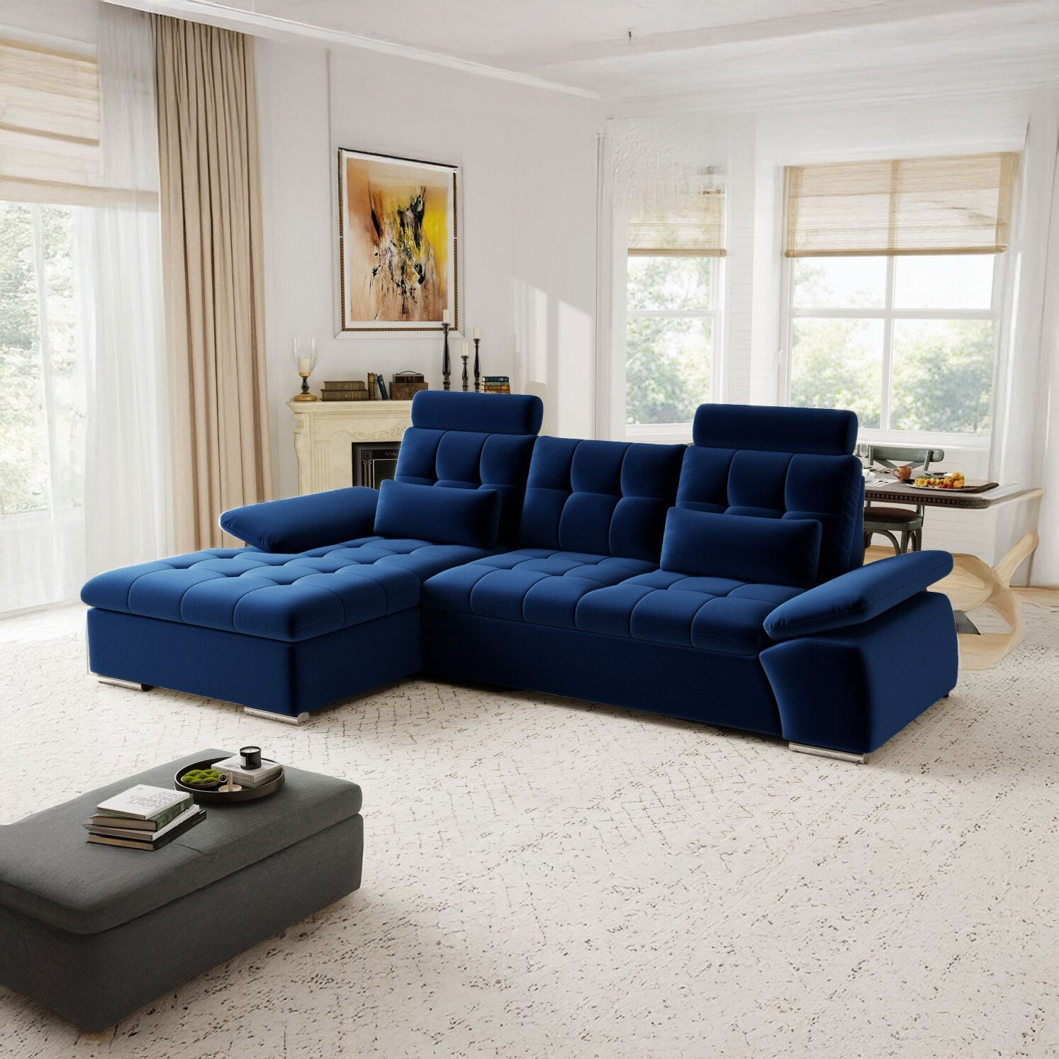 Colțar extensibil dumonde cu ladă de depozitare și șezut confortabil din spumă HR, Merkur Royal Albastru Navy 270x168 cm