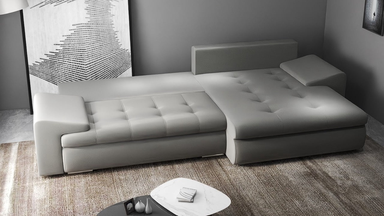 Colțar extensibil dumonde cu ladă de depozitare si sezut confortabil din spuma HR, Leonardo Royal Gri 260x185 cm II Fabrica