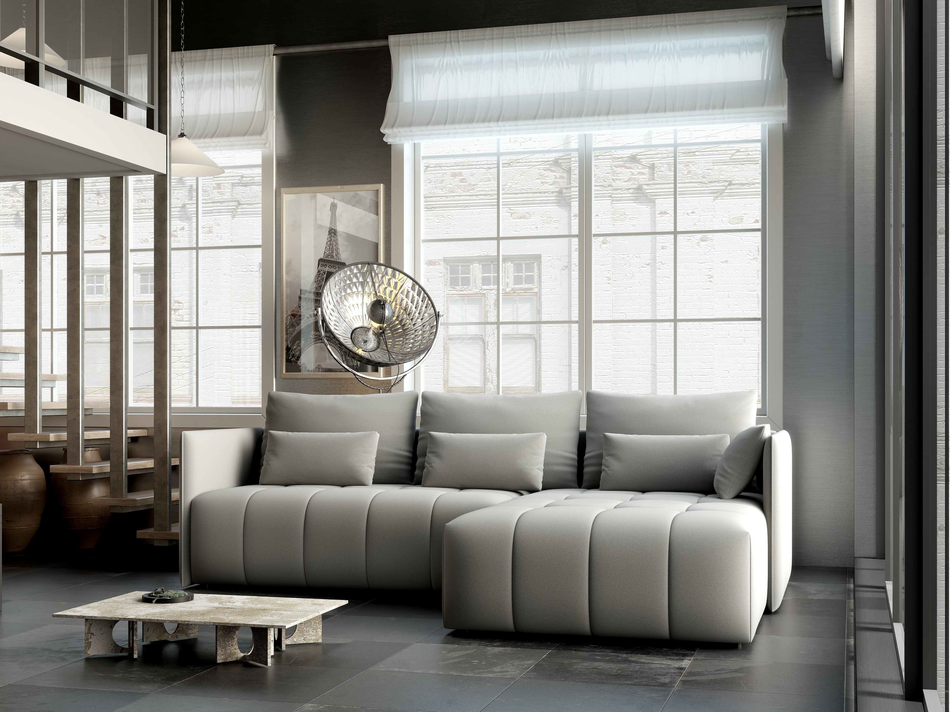 Colțar extensibil dumonde cu ladă de depozitare si sezut confortabil din spuma HR, Malta Royal Grey II 235x185 cm Fabrica