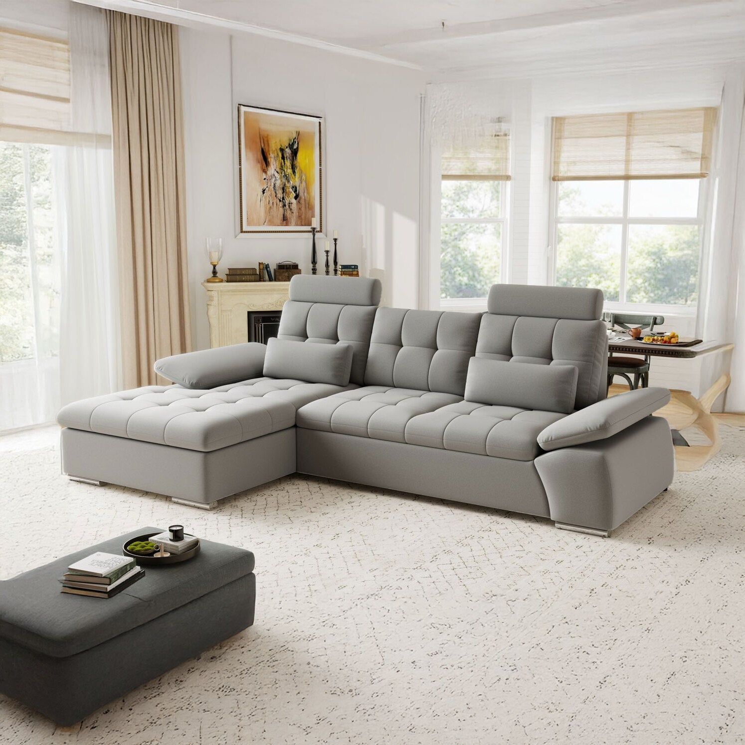 Colțar extensibil dumonde cu ladă de depozitare și șezut confortabil din spumă HR, Merkur Royal Gri 270x168 cm