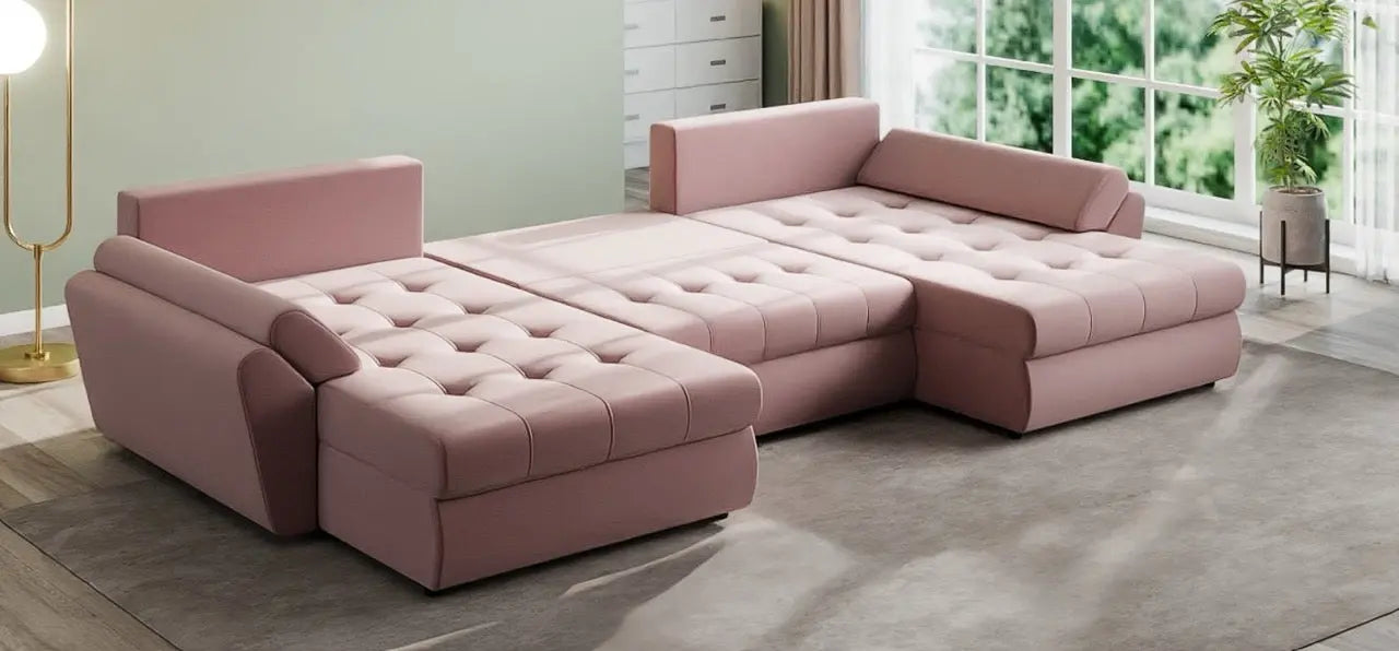 Colțar extensibil dumonde cu ladă de depozitare si sezut confortabil din spuma HR, Loana U Royal Pink 355x185 cm Fabrica