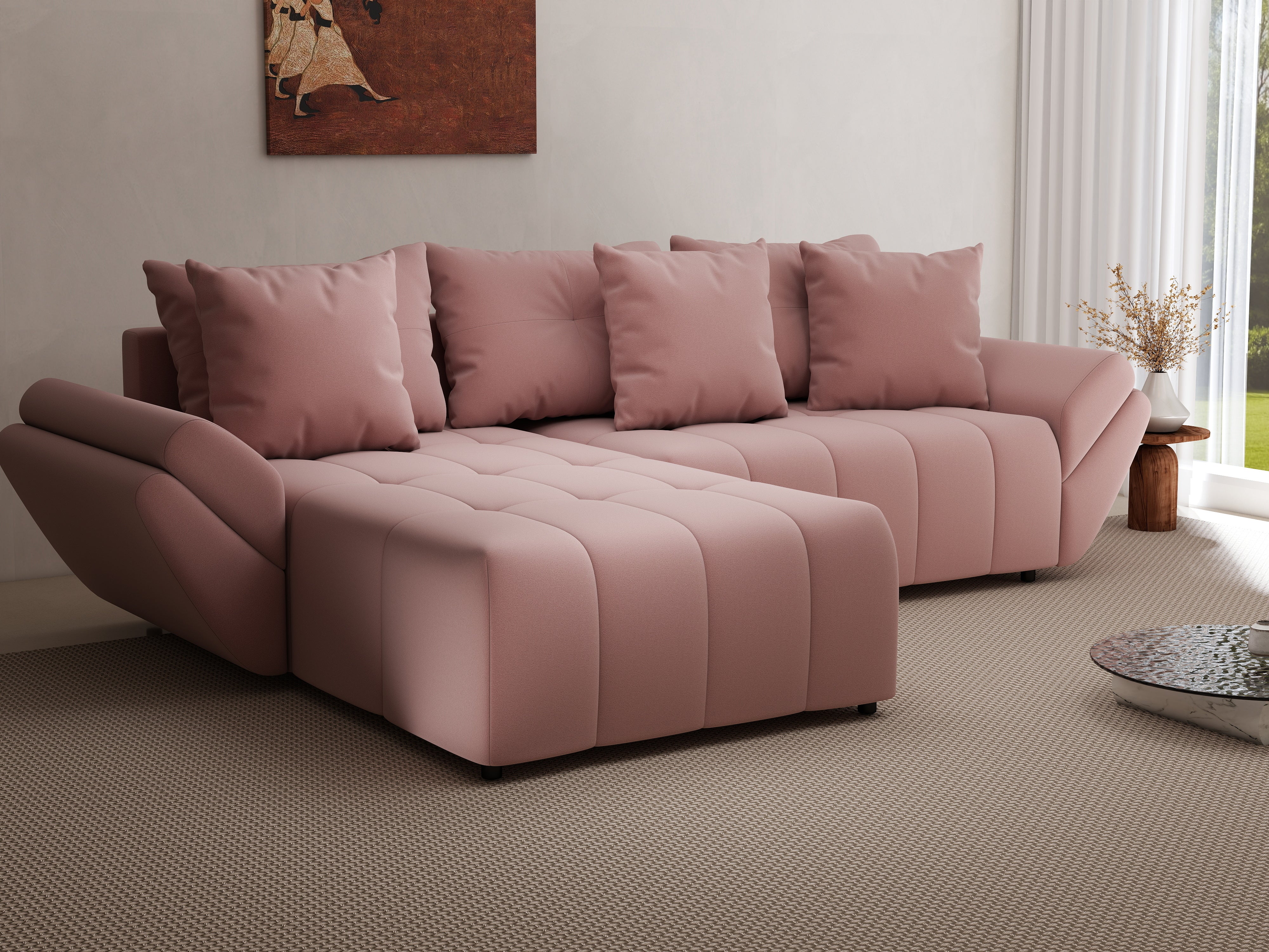 Colțar extensibil dumonde cu ladă de depozitare si sezut confortabil din spuma HR, Berlin Royal Roz 280x185 cm Fabrica