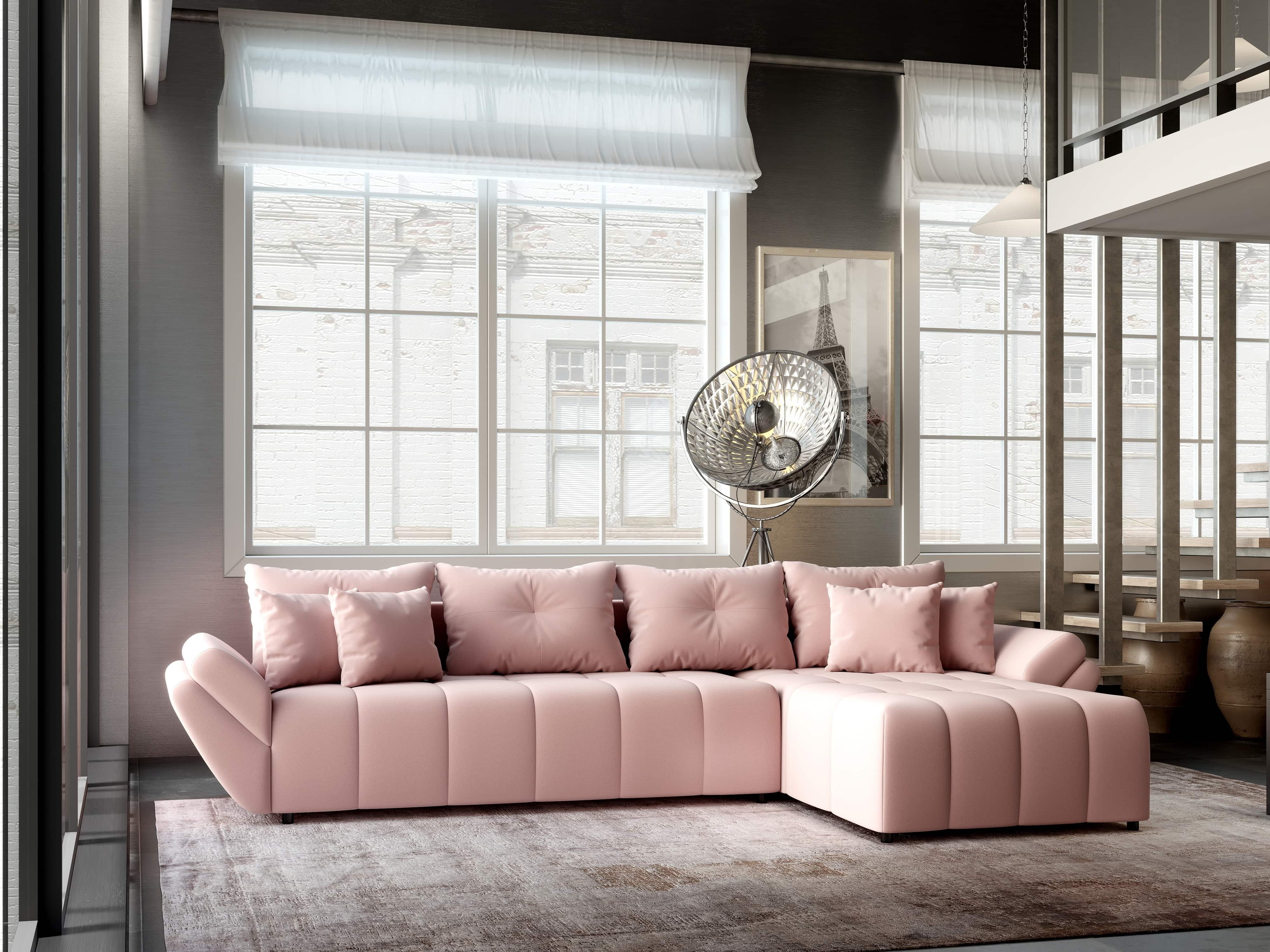 Colțar extensibil dumonde cu ladă de depozitare si sezut confortabil din spuma HR, Berlin XL Royal Roz 350x185 cm II Fabrica