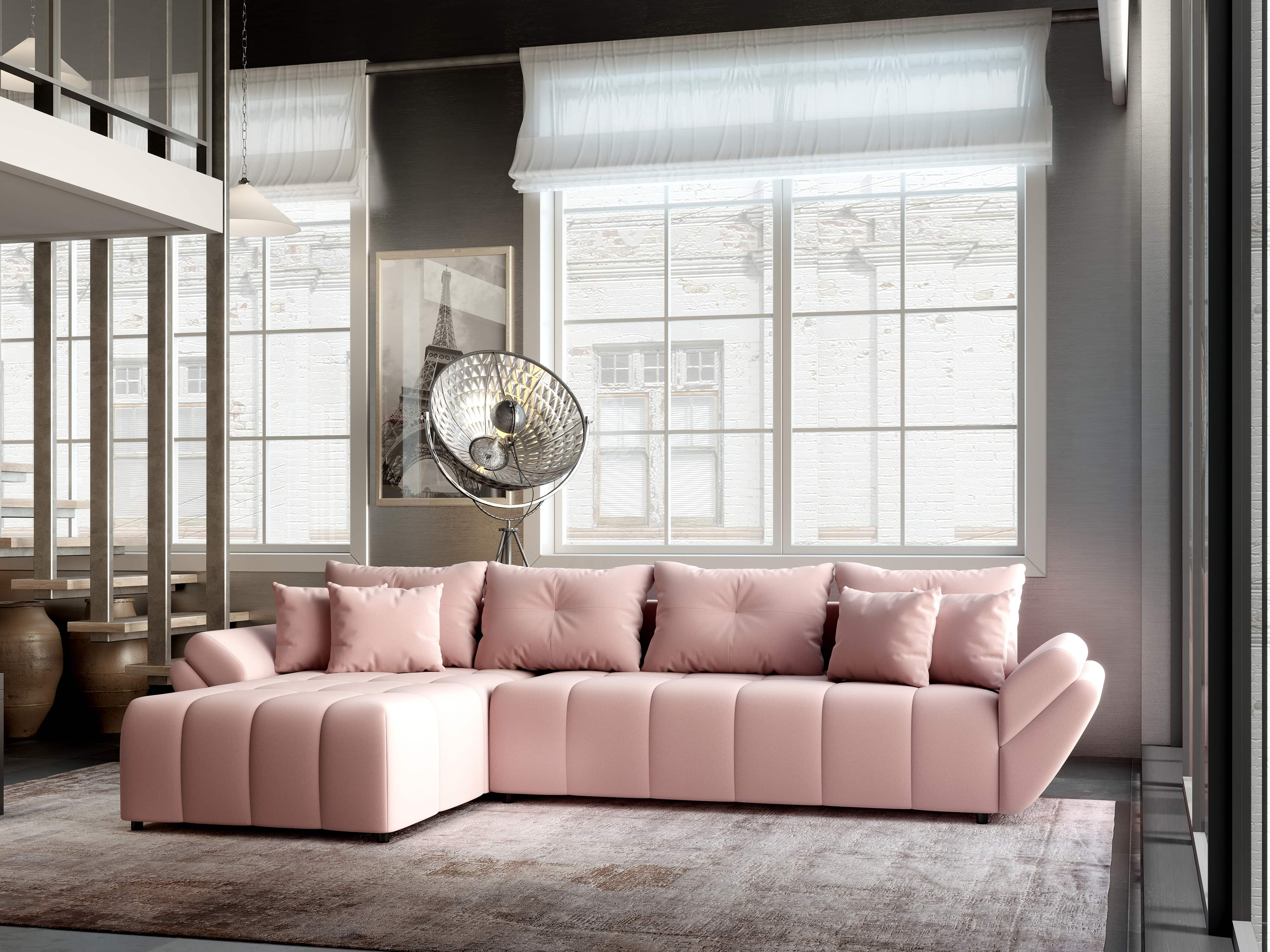 Colțar extensibil dumonde cu ladă de depozitare si sezut confortabil din spuma HR, Berlin XL Royal Roz 350x185 cm Fabrica