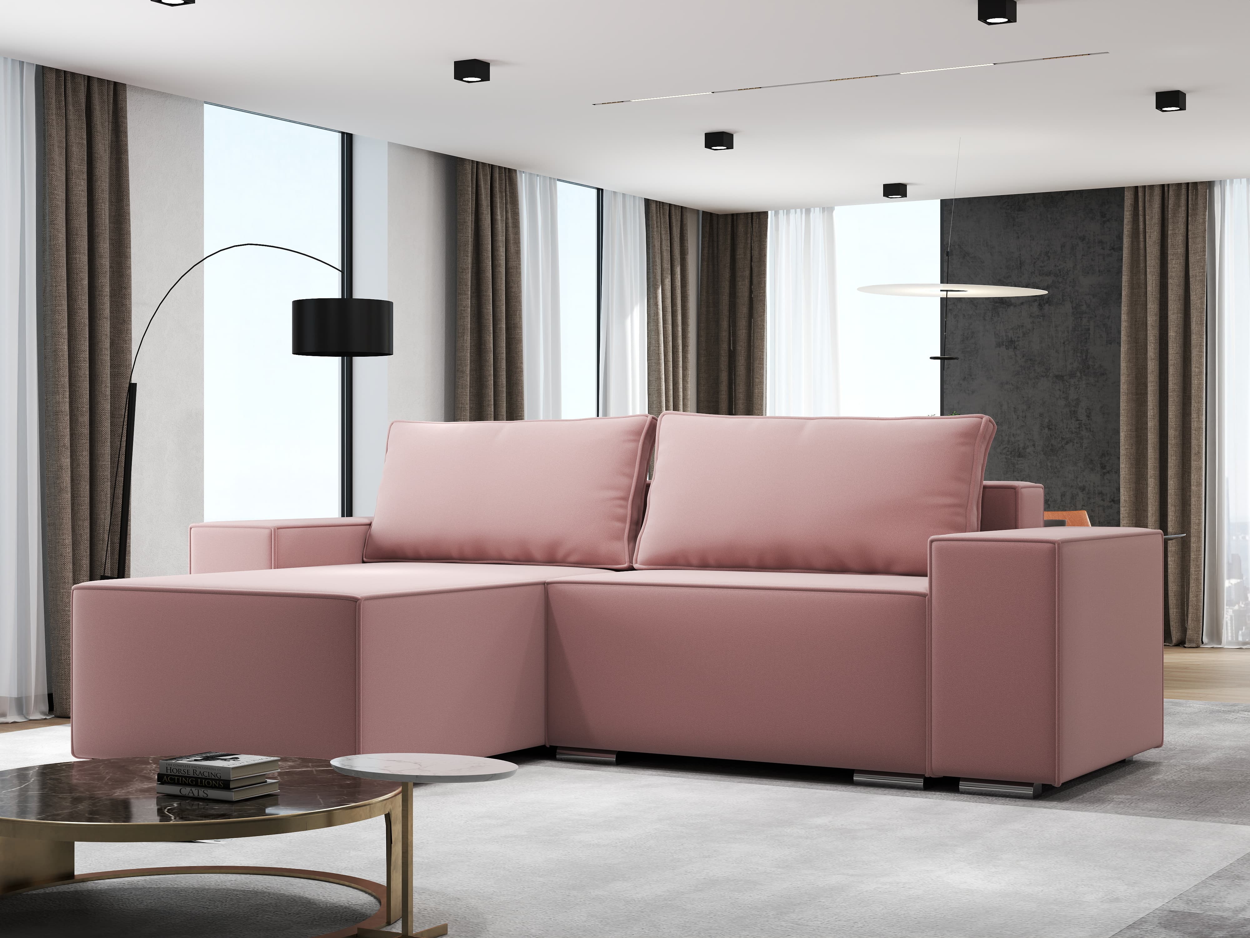 Colțar extensibil dumonde cu ladă de depozitare si sezut confortabil din spuma HR, Dream Royal Roz 290x185 cm Fabrica