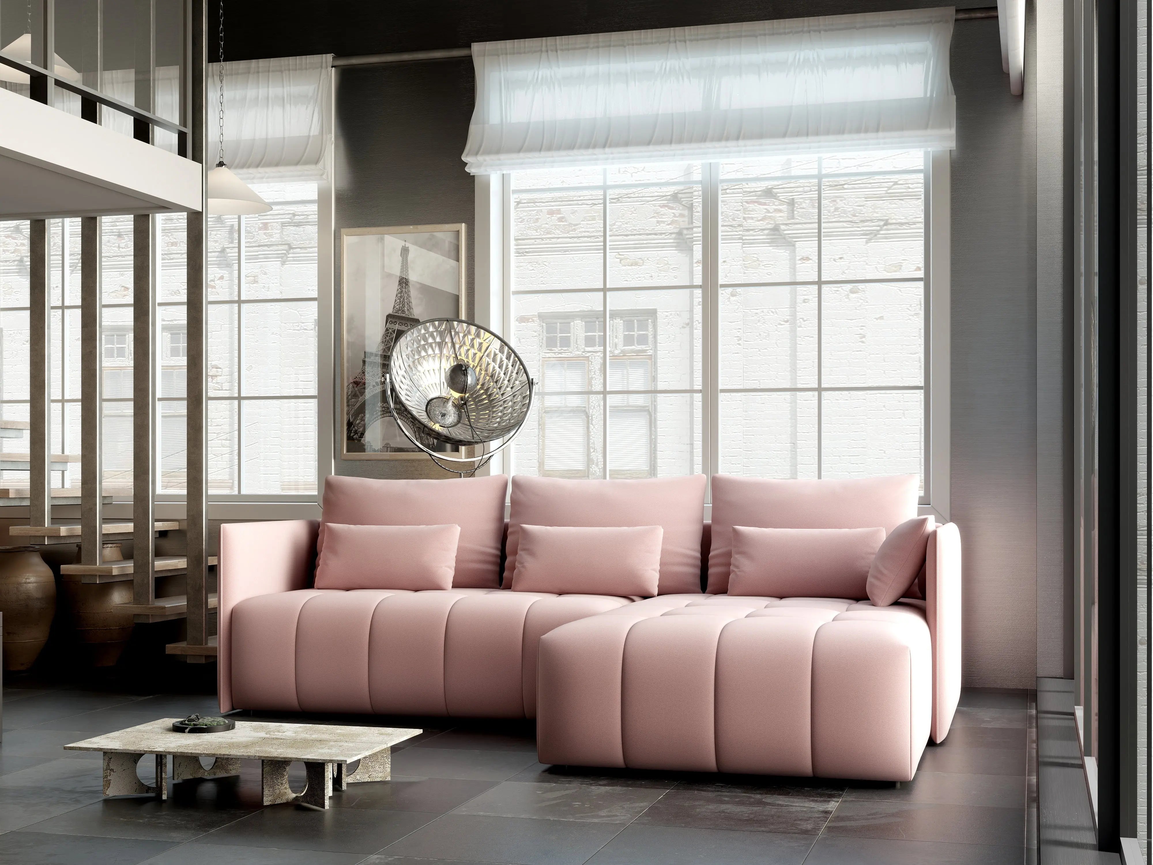 Colțar extensibil dumonde cu ladă de depozitare si sezut confortabil din spuma HR, Malta Roz Pudrat II 235x185 cm Fabrica