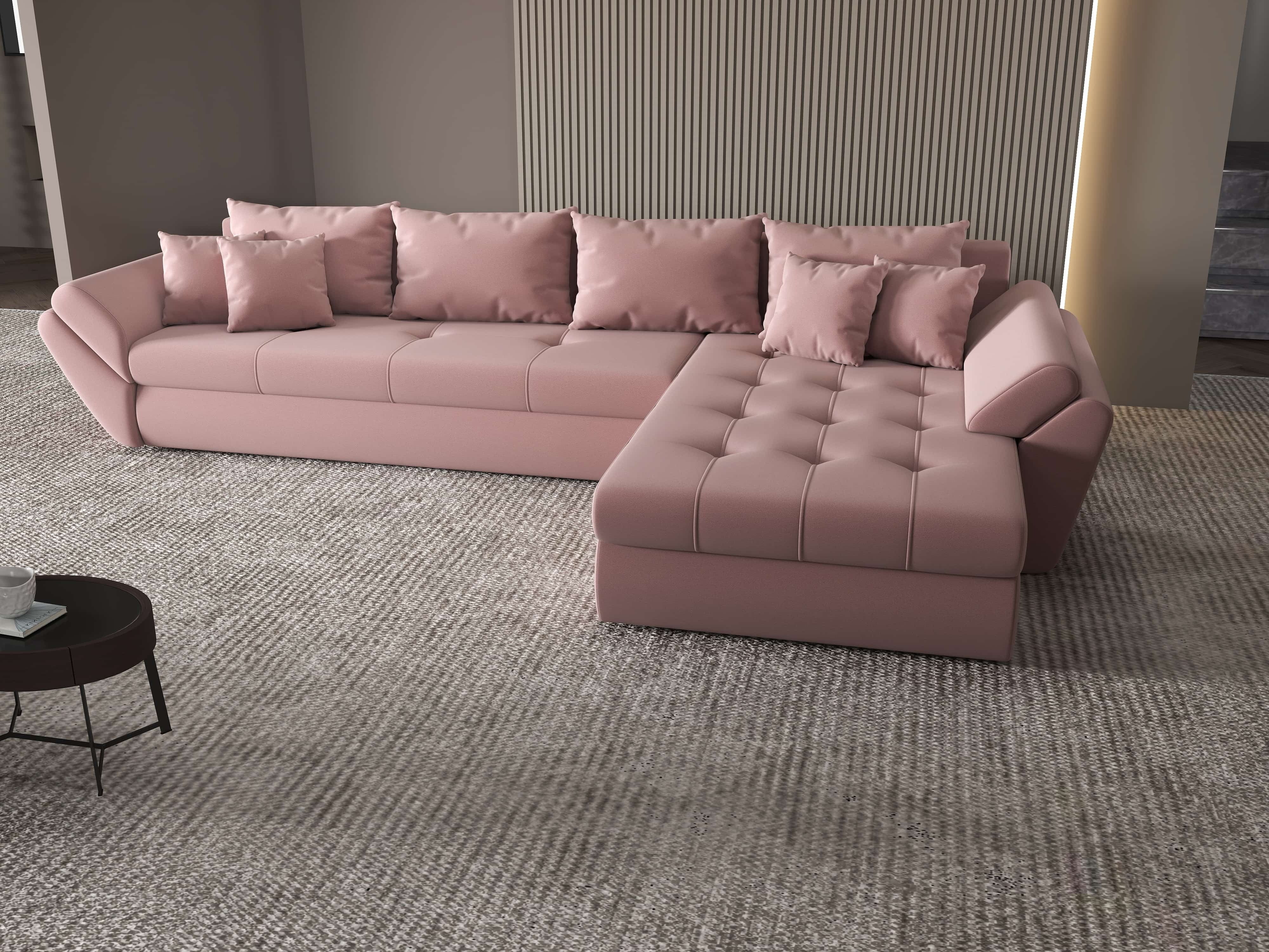 Colțar extensibil dumonde cu ladă de depozitare si sezut confortabil din spuma HR, Loana XL Royal Roz II 335x185 cm Fabrica