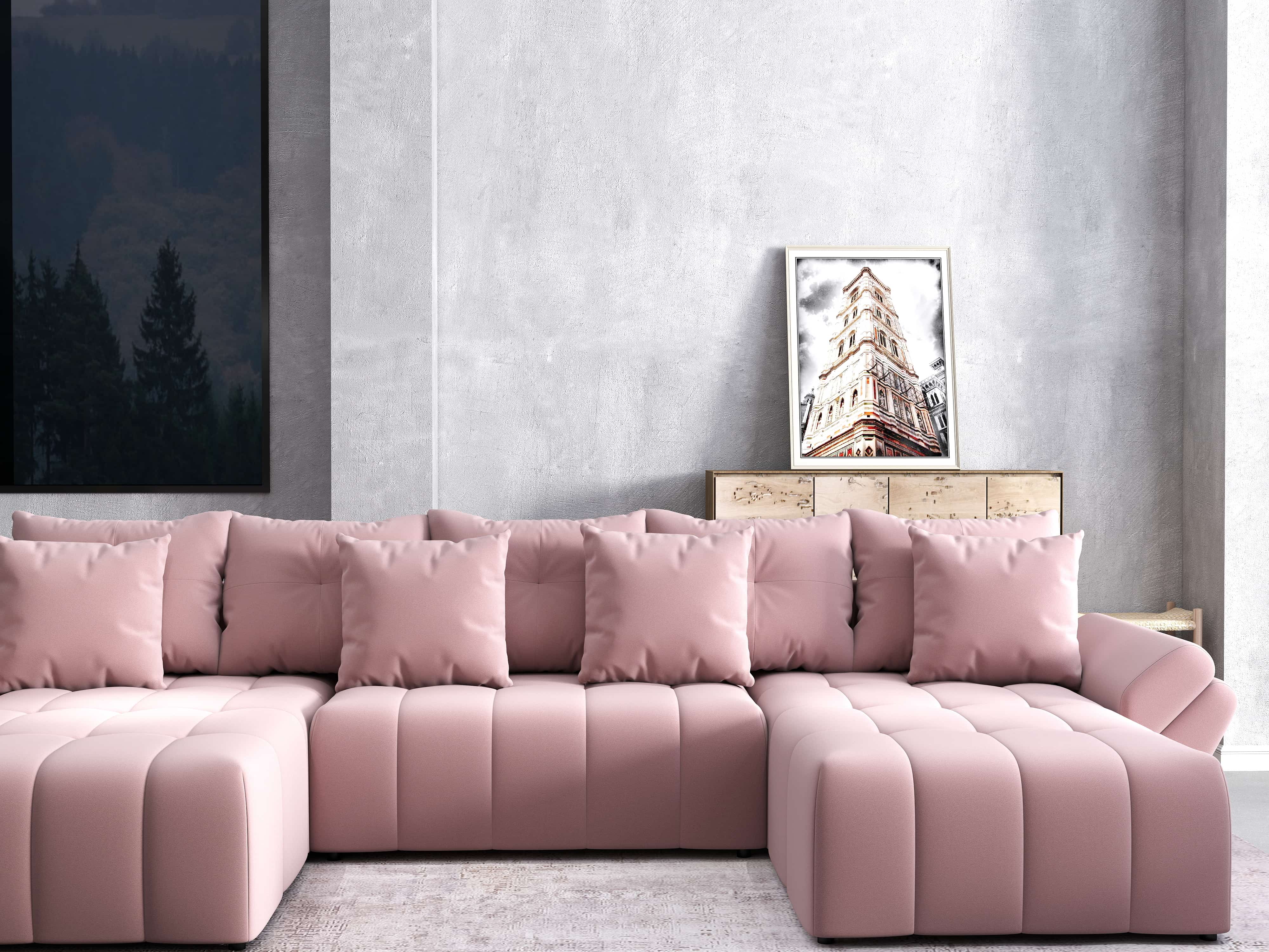 Colțar extensibil dumonde cu ladă de depozitare si sezut confortabil din spuma HR, Berlin U Royal Roz 380x180 cm Fabrica