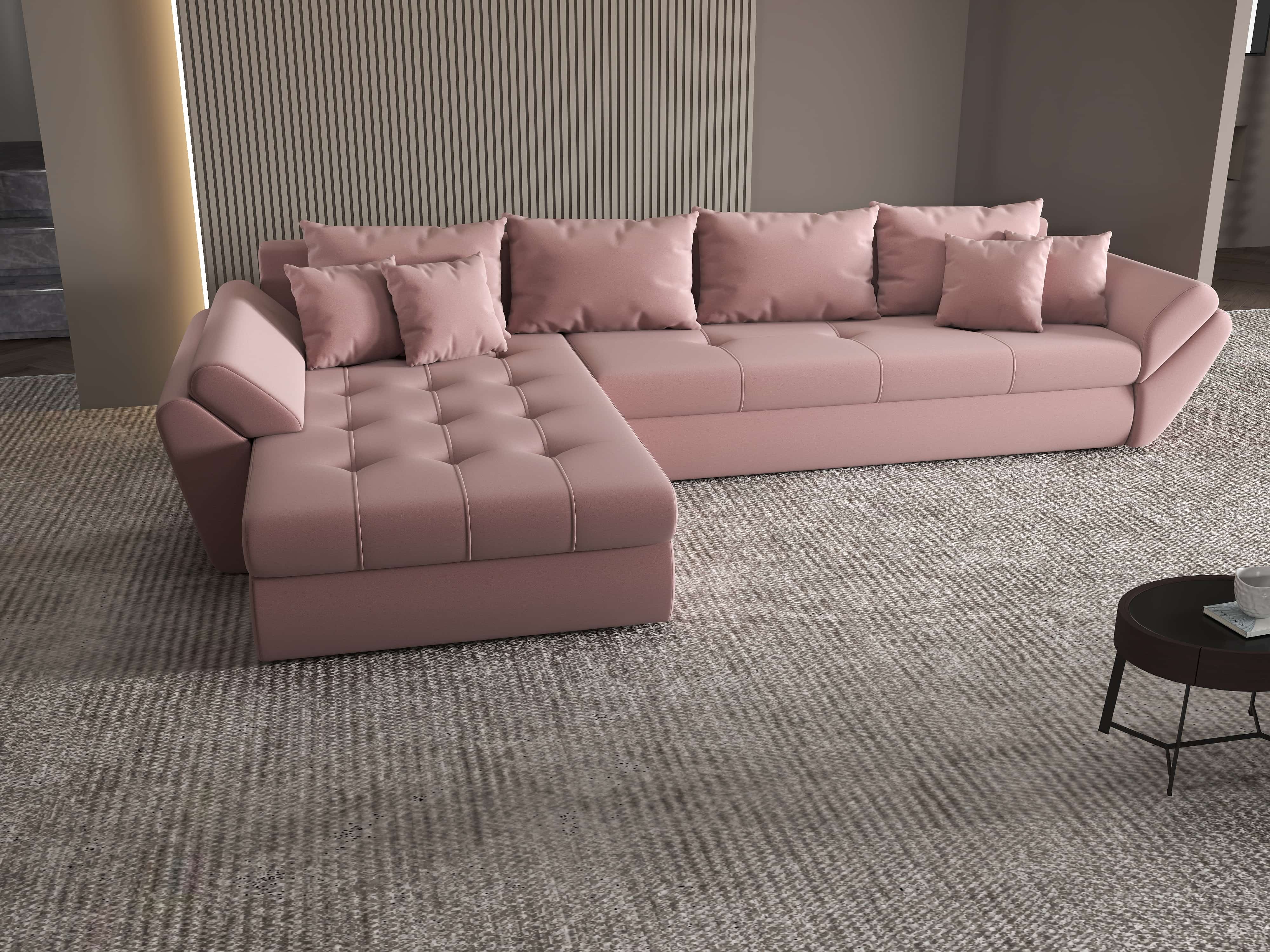 Colțar extensibil dumonde cu ladă de depozitare si sezut confortabil din spuma HR, Loana XL Royal Roz 335x185 cm Fabrica