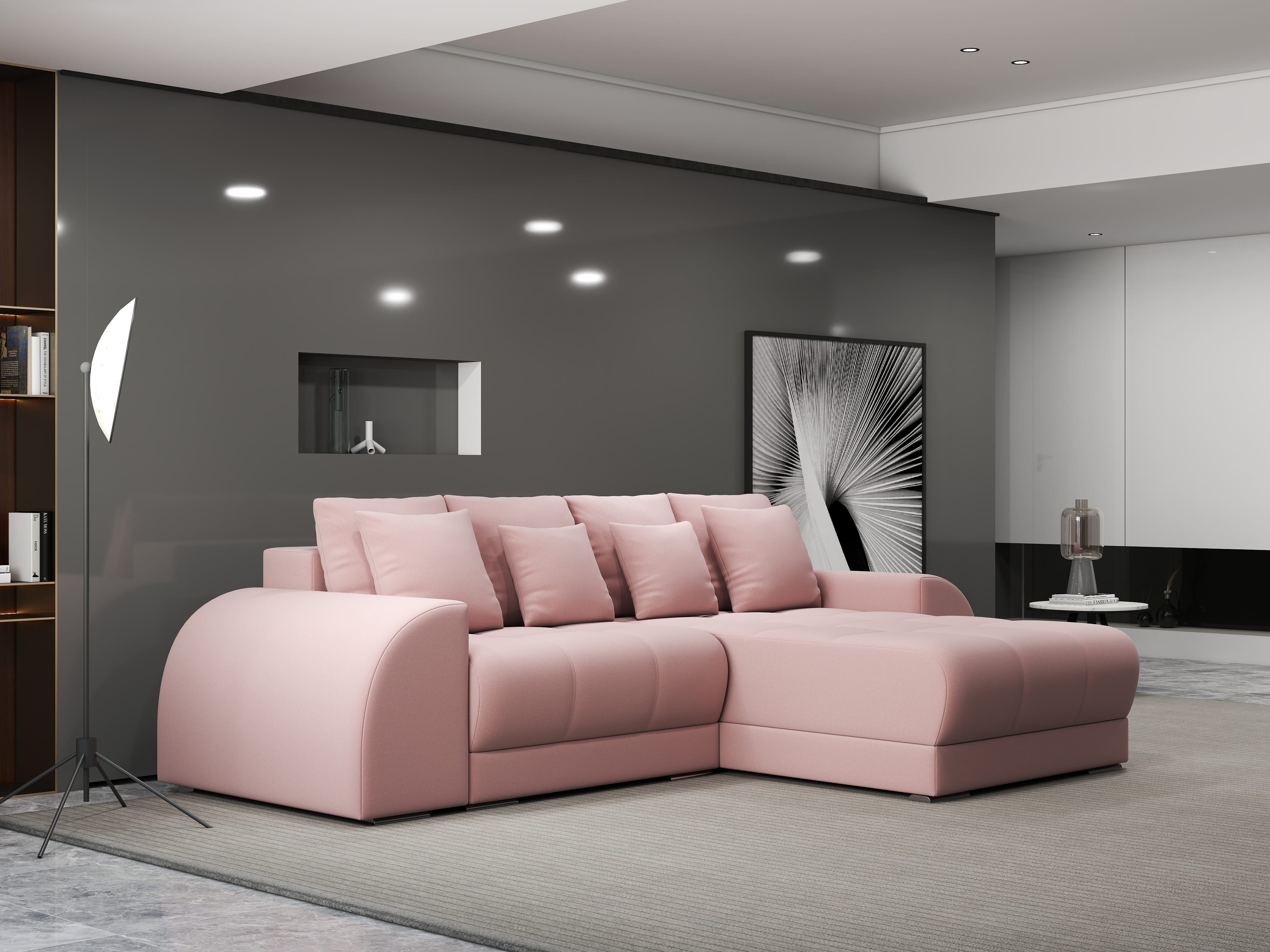 Colțar extensibil dumonde cu ladă de depozitare si sezut confortabil din spuma HR, Verona Royal Roz II 290x185 cm Fabrica