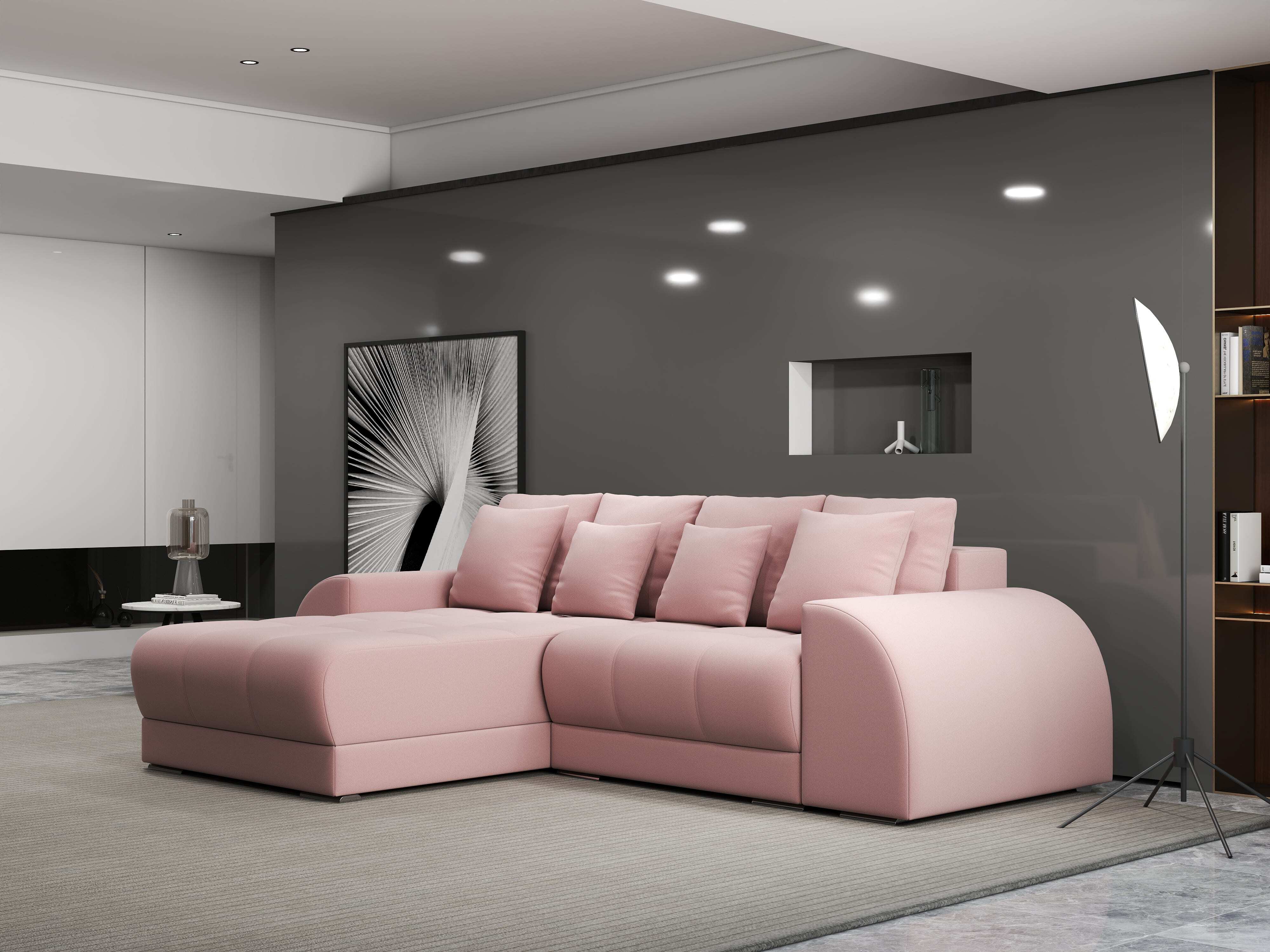 Colțar extensibil dumonde cu ladă de depozitare si sezut confortabil din spuma HR, Verona Royal Roz 290x185 cm Fabrica