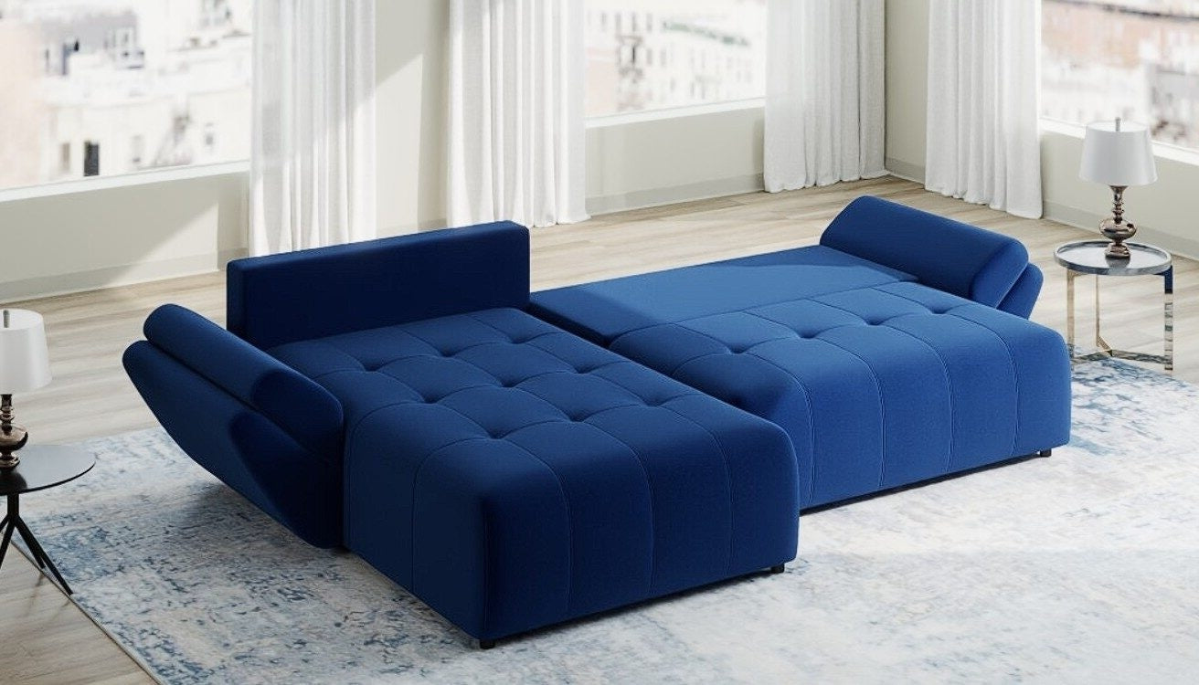 Colțar extensibil dumonde cu ladă de depozitare si sezut confortabil din spuma HR, Berlin Royal Albastru Navy 280x185 cm