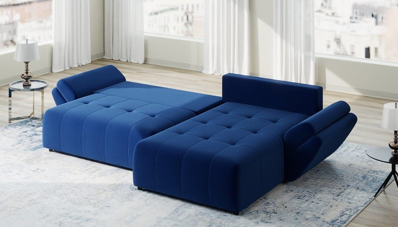 Colțar extensibil dumonde cu ladă de depozitare si sezut confortabil din spuma HR, Berlin Royal Albastru Navy 280x185 cm II