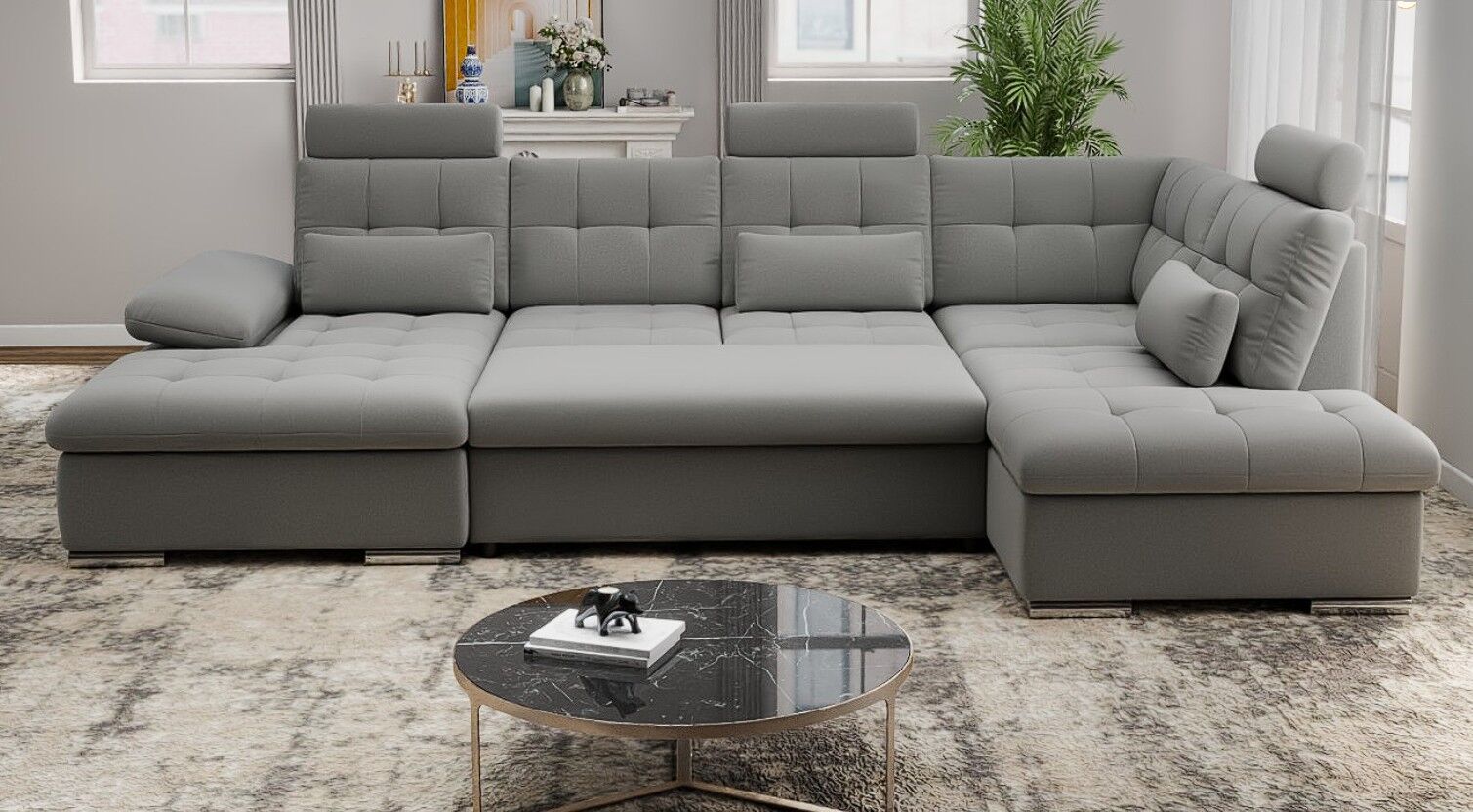 Colțar extensibil dumonde cu ladă de depozitare și șezut confortabil din spumă HR, Merkur U Royal Gri 324x218 cm