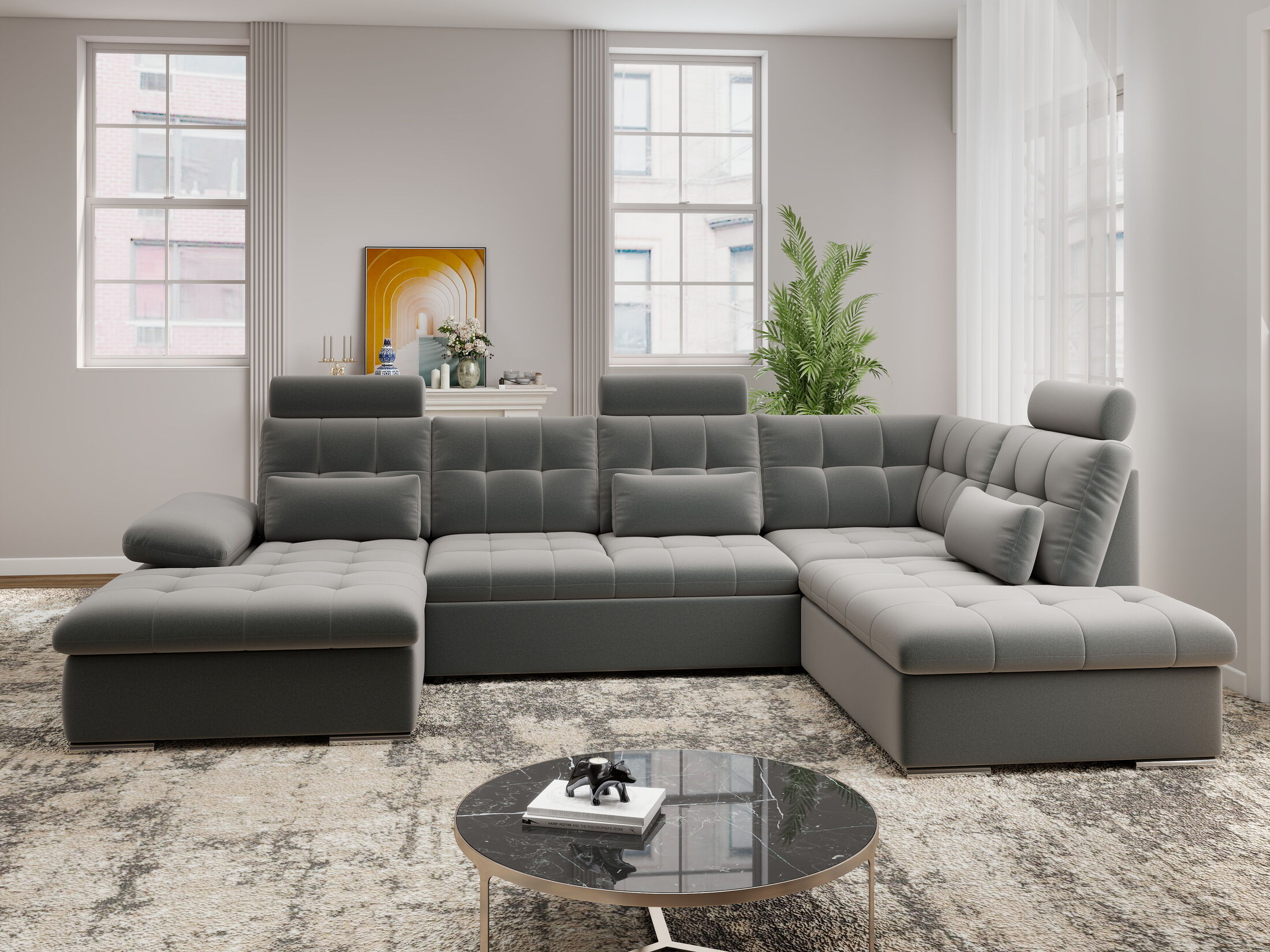 Colțar extensibil dumonde cu ladă de depozitare și șezut confortabil din spumă HR, Merkur U Royal Antracit 324x218 cm