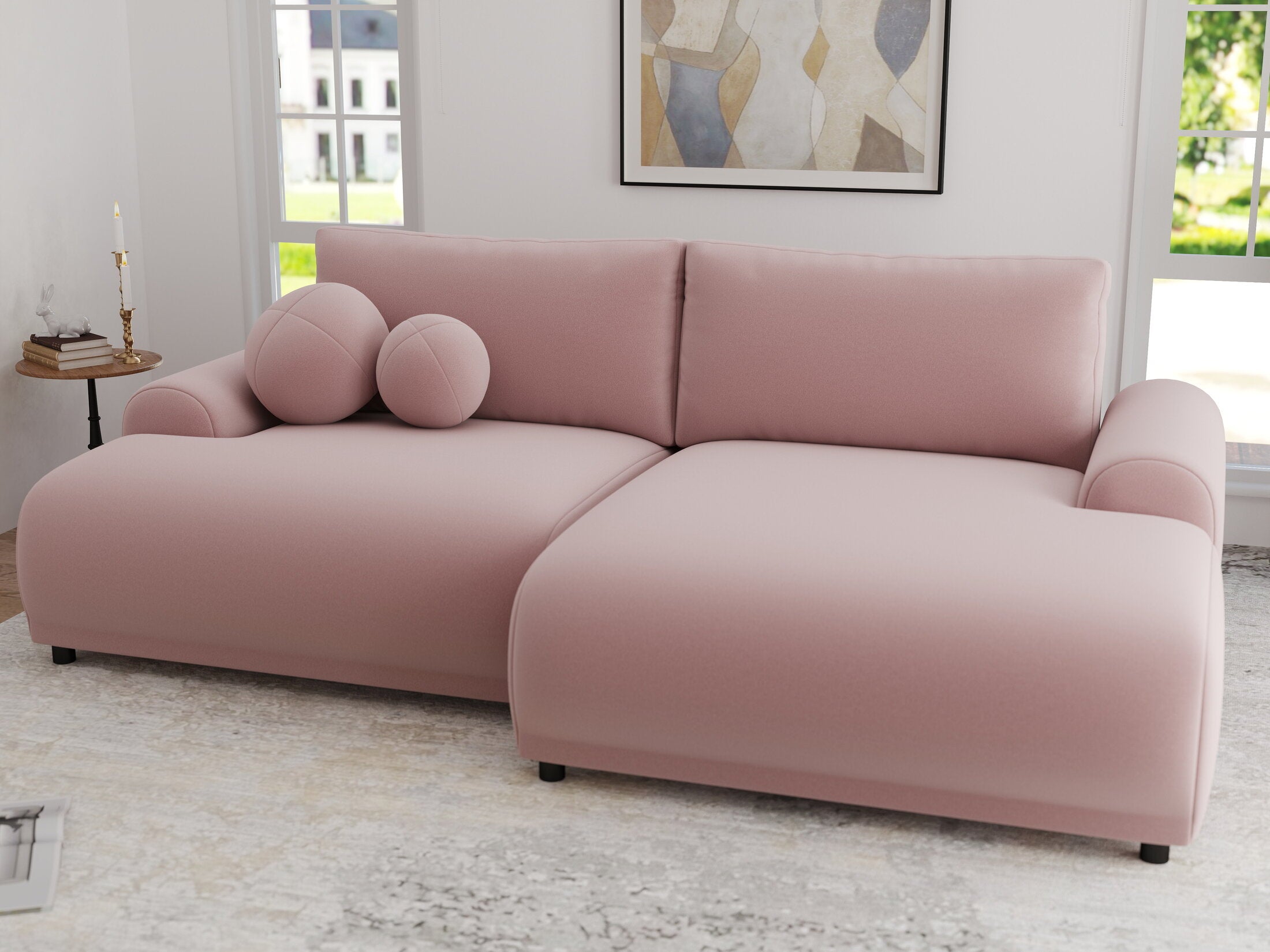 Colțar extensibil dumonde cu ladă de depozitare și șezut confortabil din spumă HR, Carlo Royal Roz 240x145 cm II