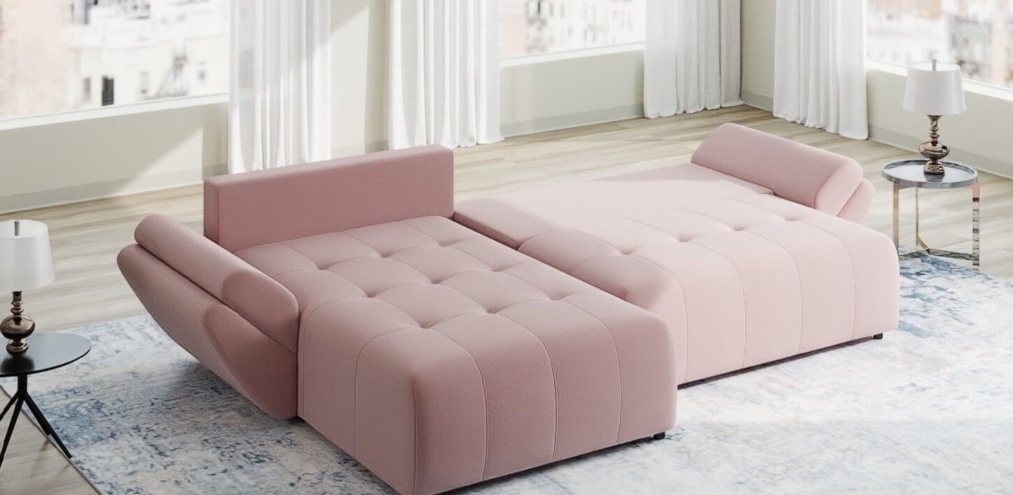 Colțar extensibil dumonde cu ladă de depozitare si sezut confortabil din spuma HR, Berlin Royal Roz 280x185 cm