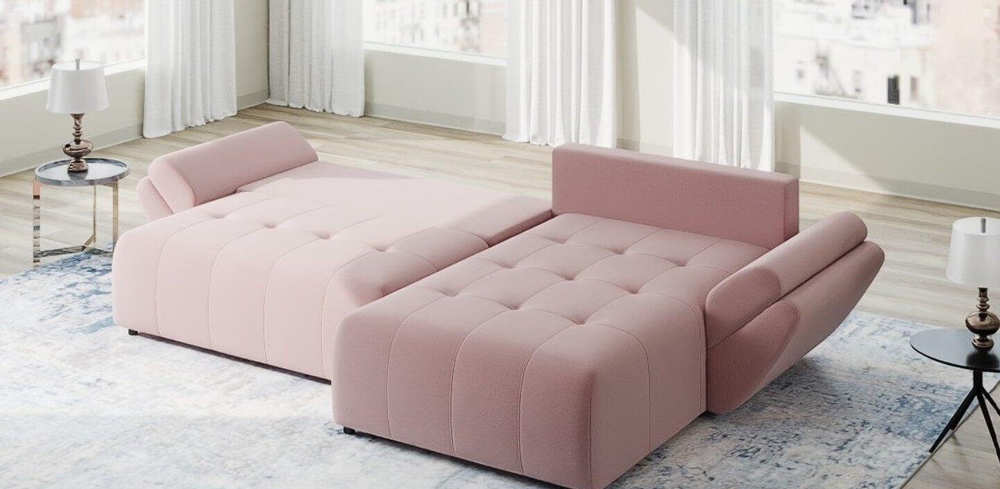 Colțar extensibil dumonde cu ladă de depozitare si sezut confortabil din spuma HR, Berlin Royal Roz 280x185 cm II