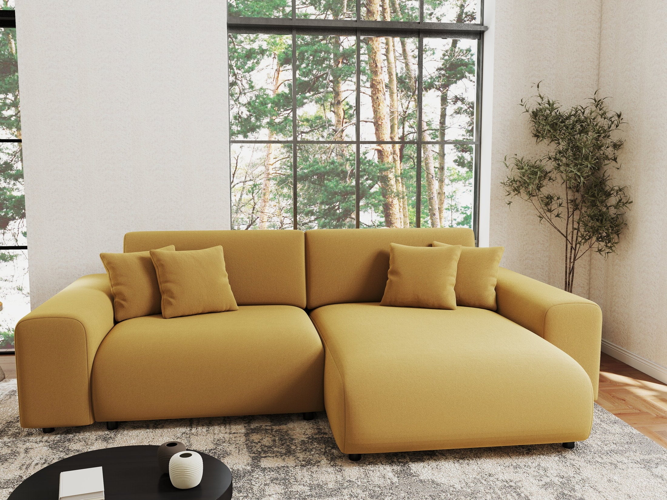 Colțar extensibil dumonde cu ladă de depozitare si sezut confortabil din spuma HR, Sarina Royal Mustar 255x168 cm II