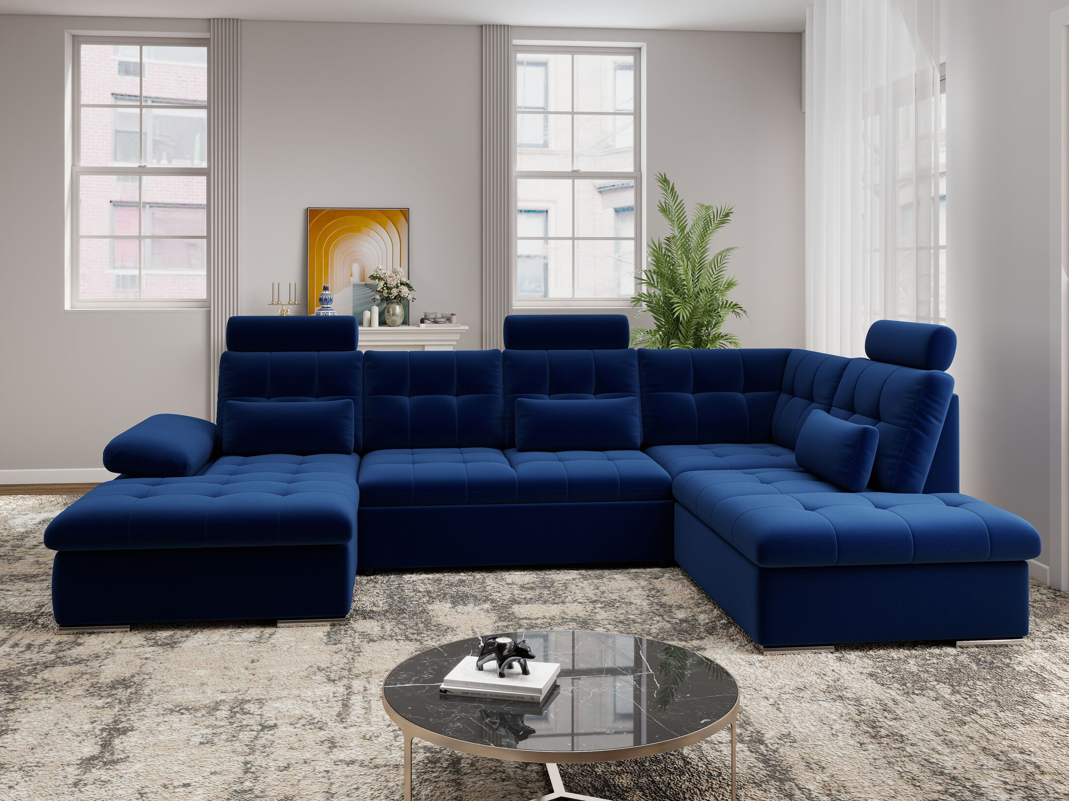 Colțar extensibil dumonde cu ladă de depozitare și șezut confortabil din spumă HR, Merkur U Royal Albastru Navy 324x218 cm