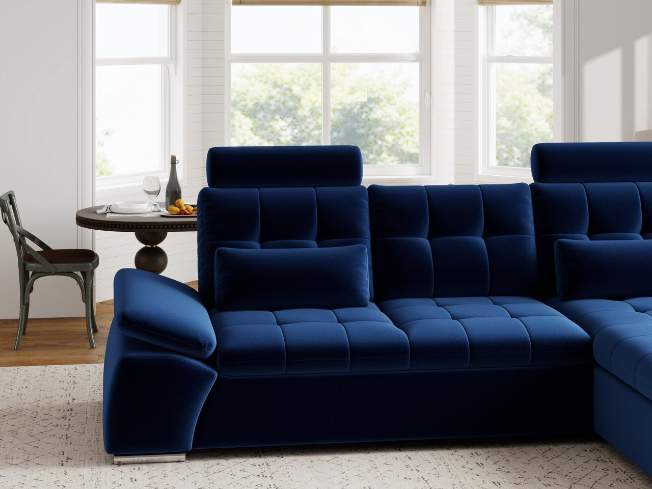 Colțar extensibil dumonde cu ladă de depozitare și șezut confortabil din spumă HR, Merkur Royal Albastru Navy 270x168 cm II