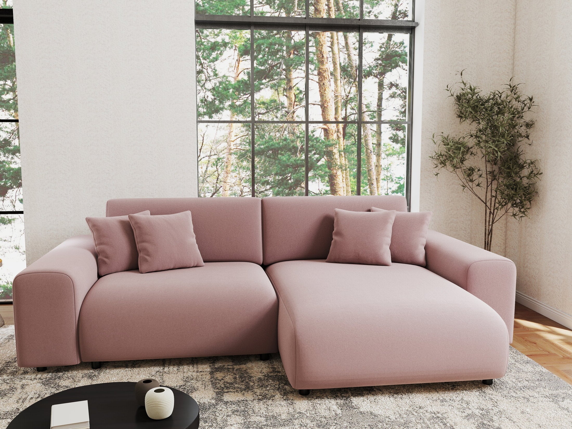 Colțar extensibil dumonde cu ladă de depozitare si sezut confortabil din spuma HR, Sarina Royal Roz 255x168 cm II