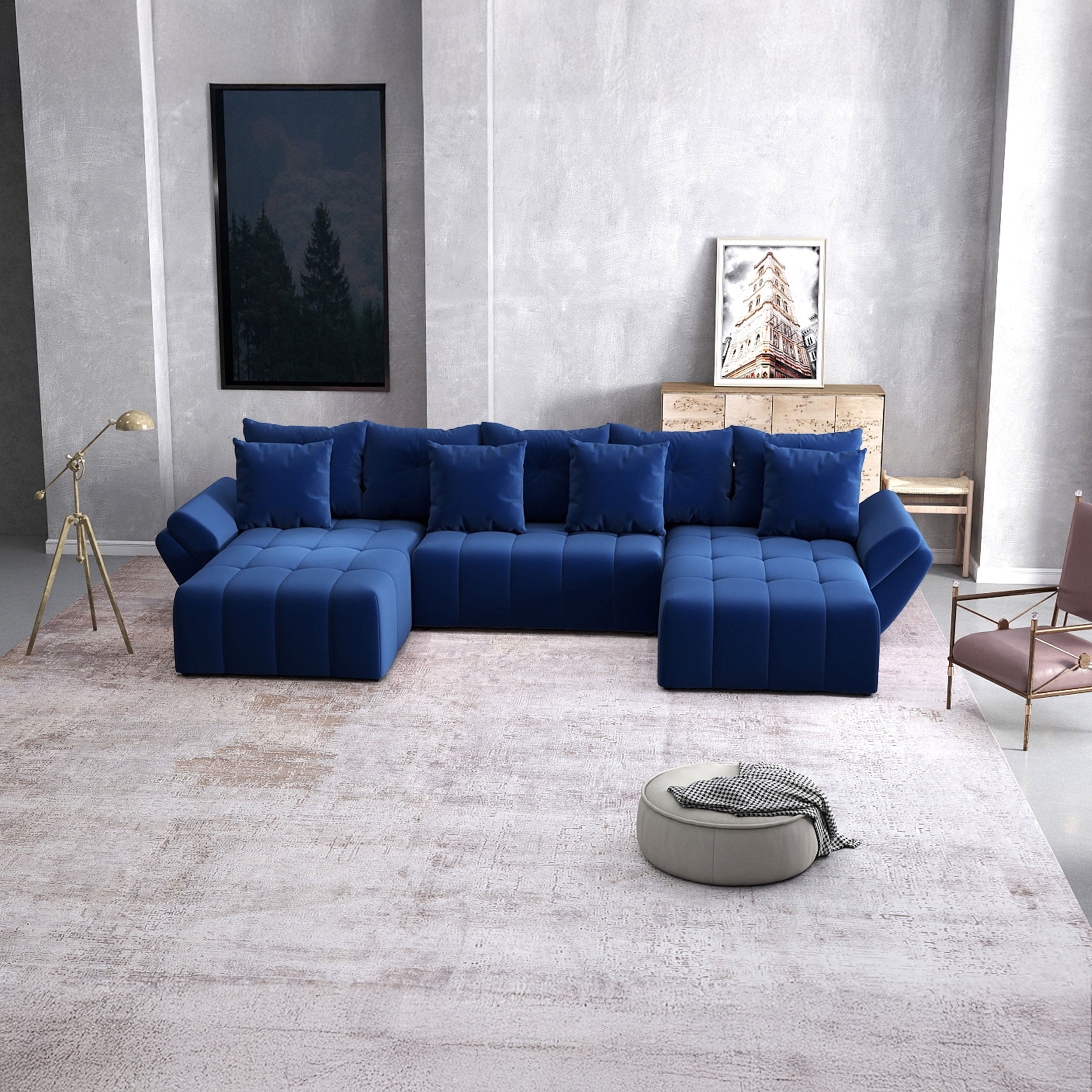 Colțar extensibil dumonde cu ladă de depozitare si sezut confortabil din spuma HR, Berlin U Royal Blue 380x180 cm Fabrica