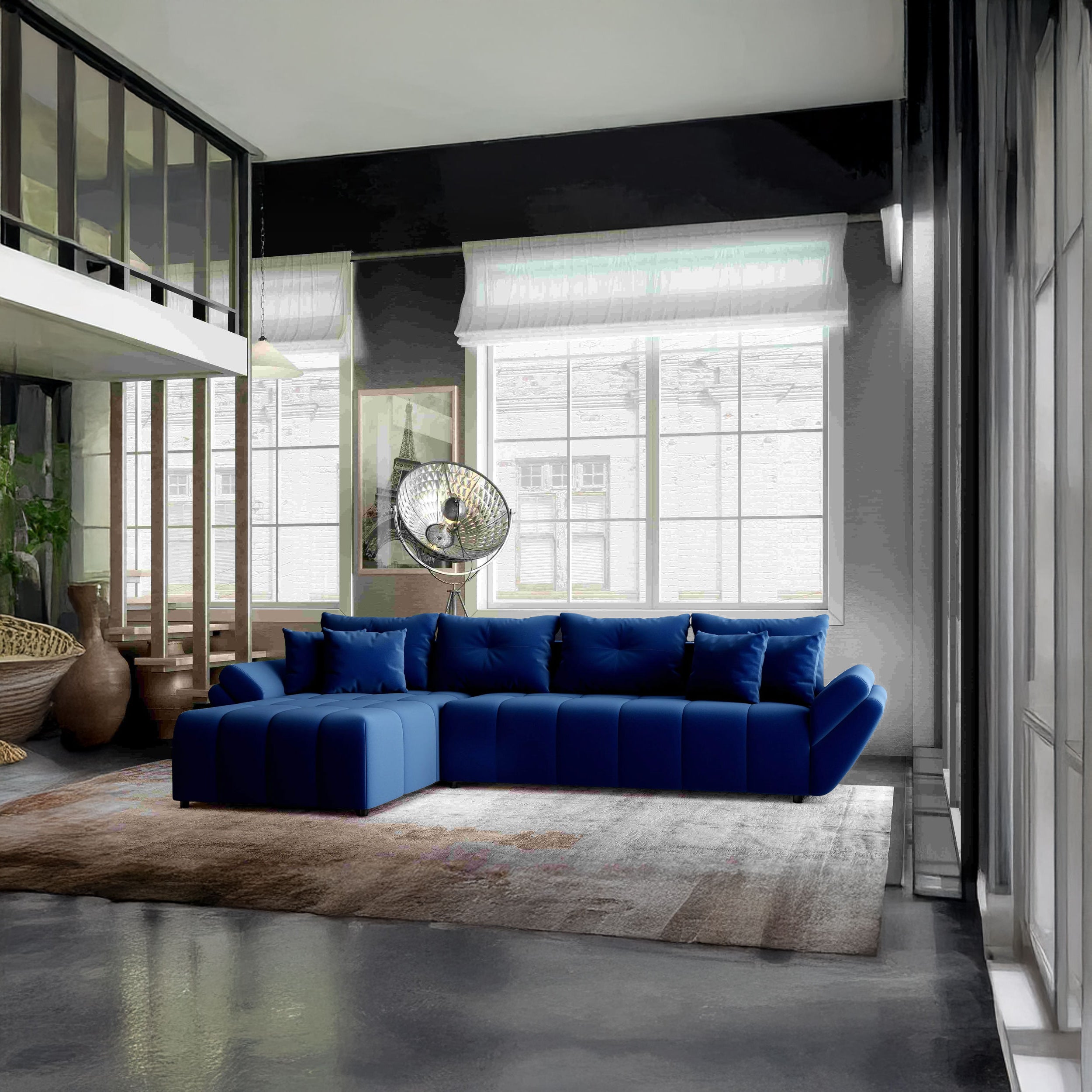 Colțar extensibil dumonde cu ladă de depozitare si sezut confortabil din spuma HR, Berlin XL Royal Albastru 350x185 cm Fabrica