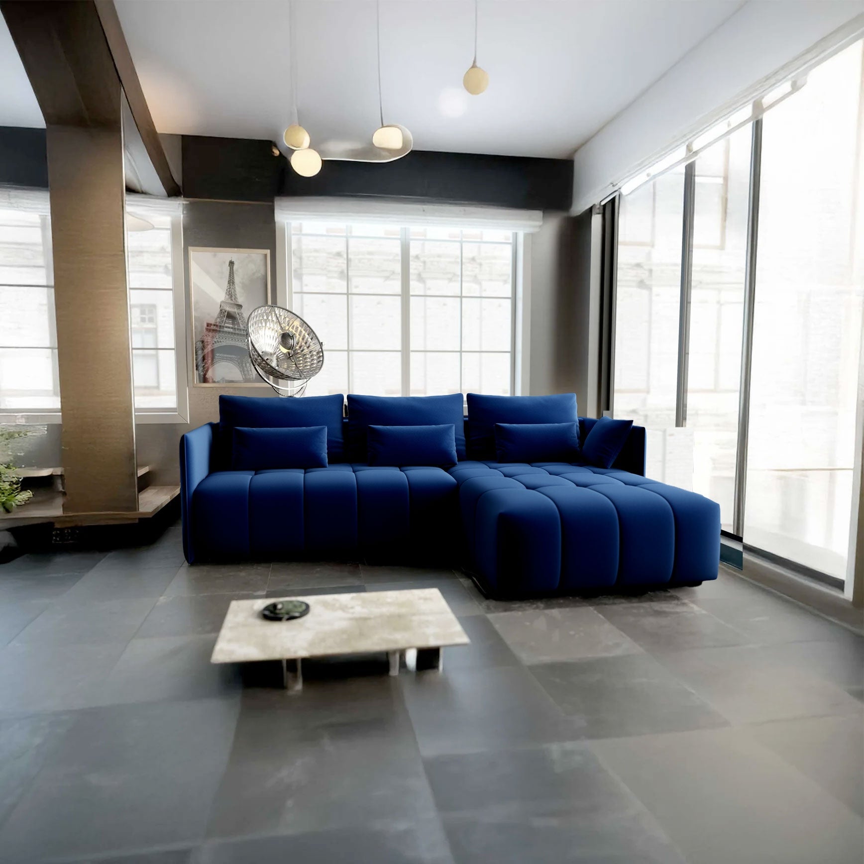 Colțar extensibil dumonde cu ladă de depozitare si sezut confortabil din spuma HR, Malta Royal Blue II 235x185 cm Fabrica