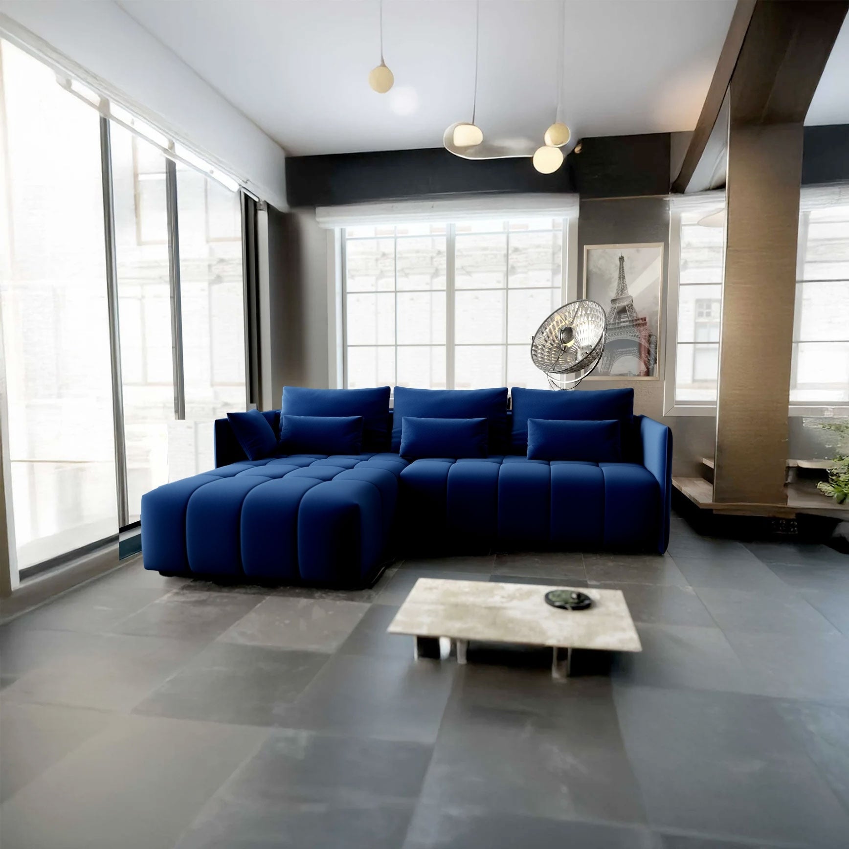 Colțar extensibil dumonde cu ladă de depozitare si sezut confortabil din spuma HR, Malta Royal Blue 235x185 cm Fabrica