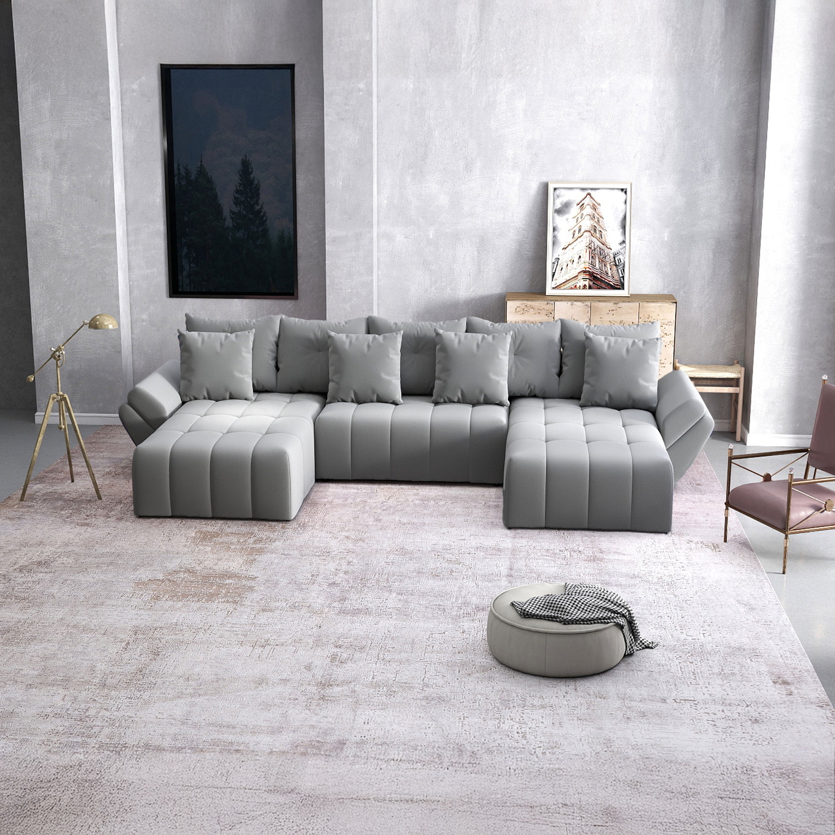 Colțar extensibil dumonde cu ladă de depozitare si sezut confortabil din spuma HR, Berlin U Royal Grey 380x180 cm Fabrica