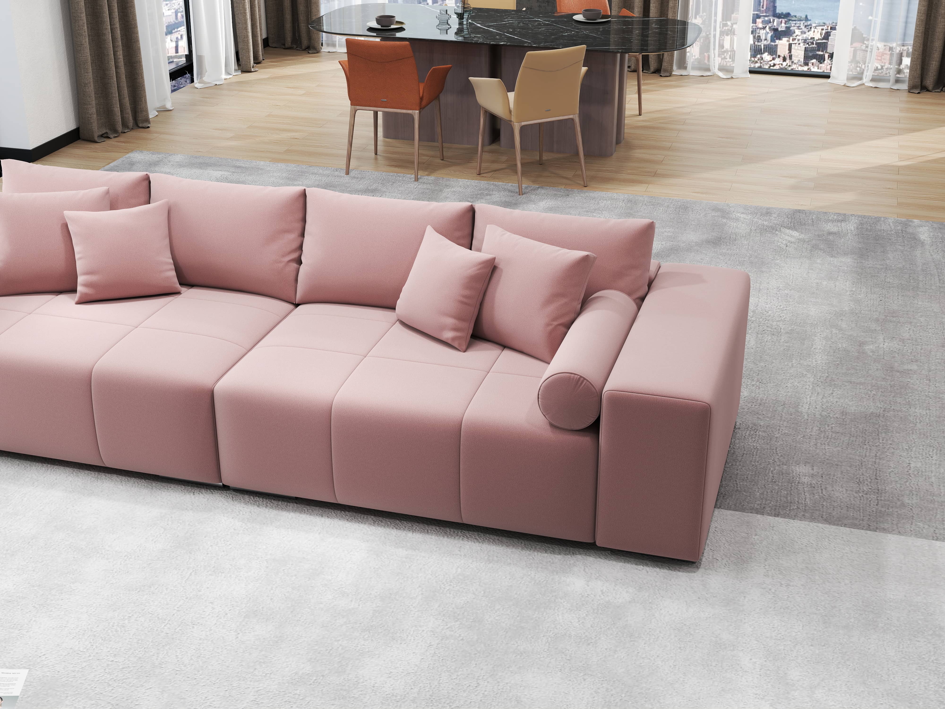 Canapea extensibilă dumonde cu ladă de depozitare si sezut confortabil din spuma HR, Marbela Royal Roz XXL 295x100 cm fabrica