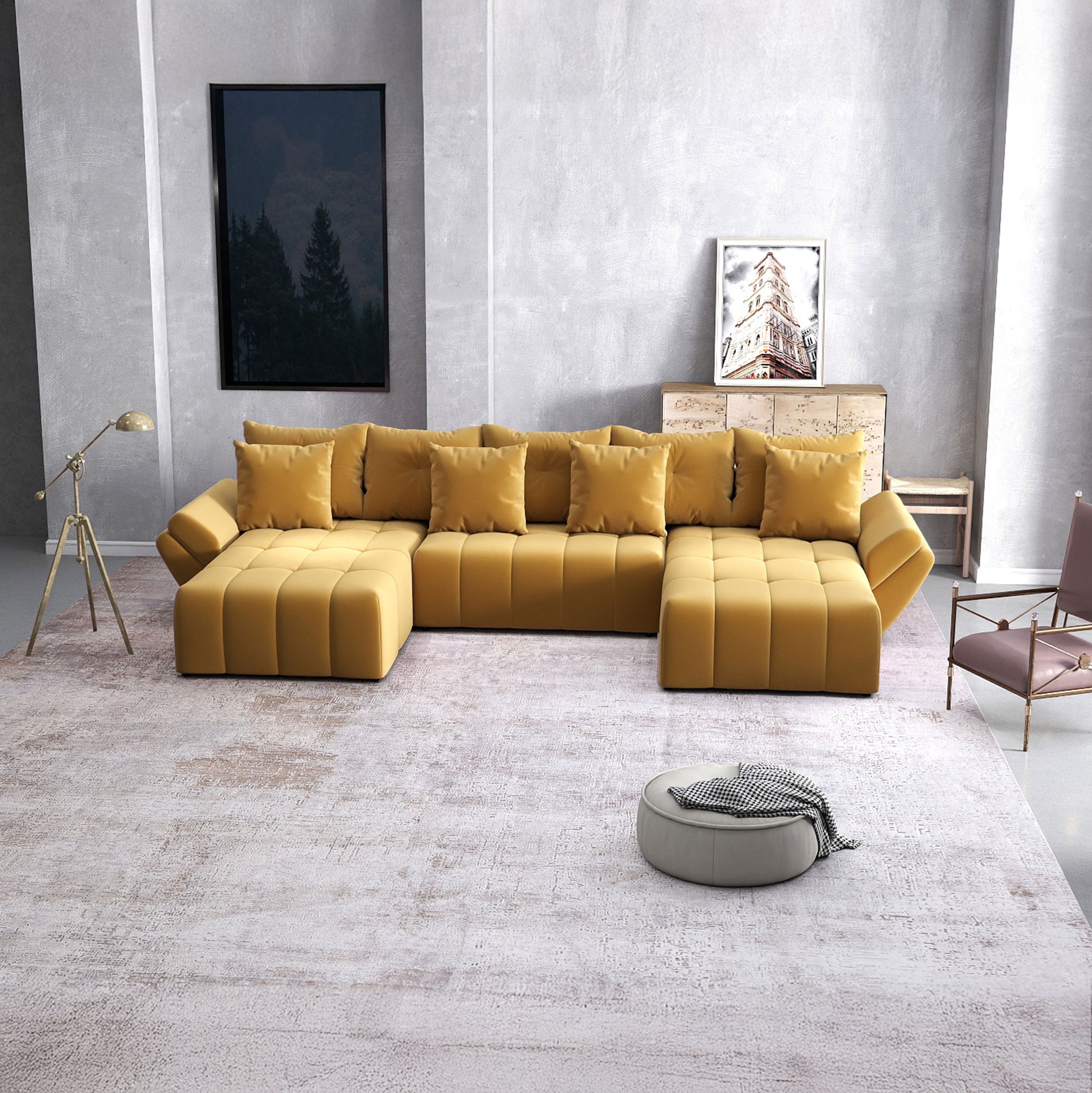 Colțar extensibil dumonde cu ladă de depozitare si sezut confortabil din spuma HR, Berlin U Royal Mustar 380x180 cm Fabrica