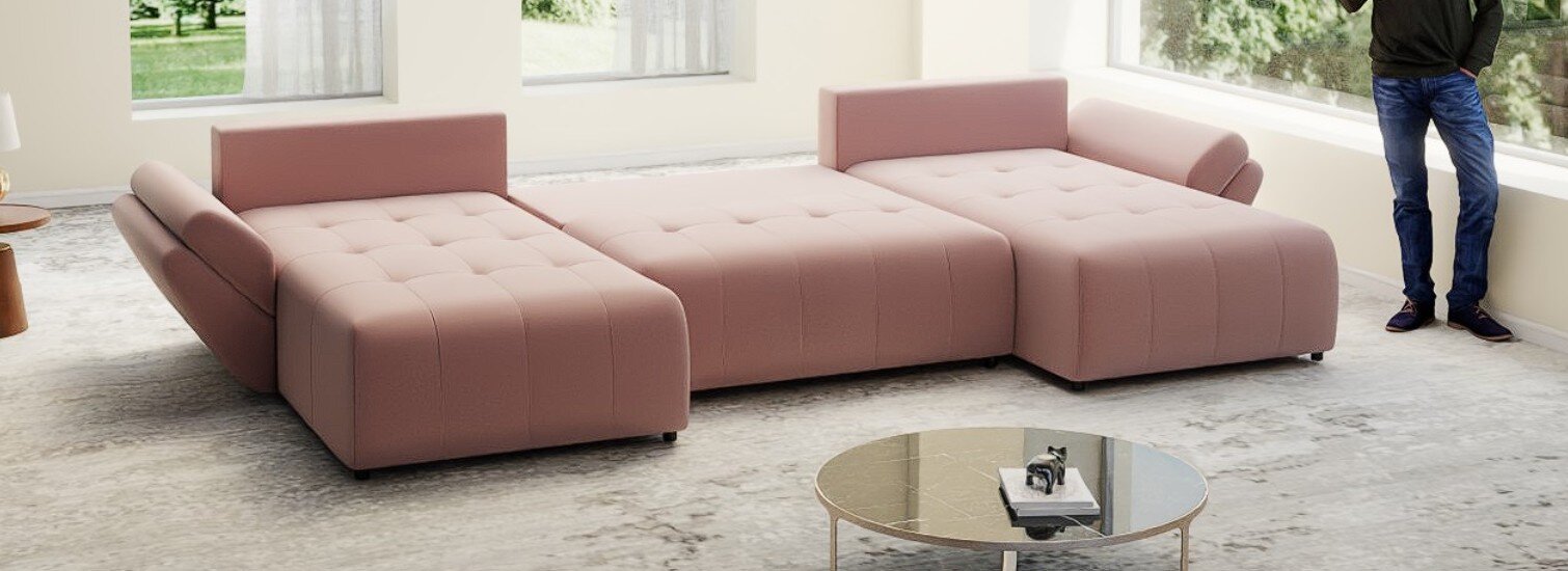 Colțar extensibil dumonde cu ladă de depozitare si sezut confortabil din spuma HR, Berlin U Royal Roz 380x180 cm