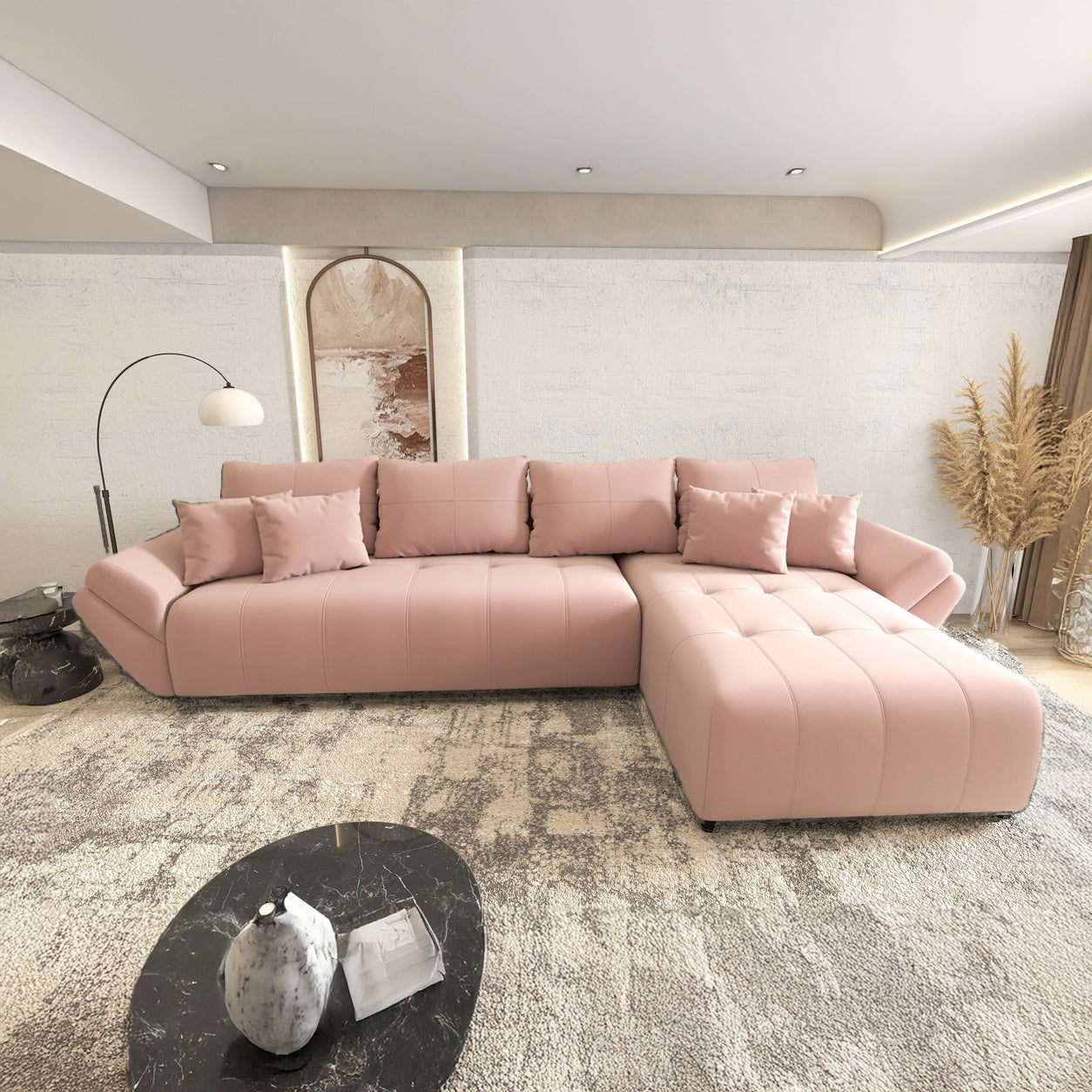 Colțar extensibil dumonde cu ladă de depozitare si sezut confortabil din spuma HR, Berlin XL Royal Roz 350x185 cm II